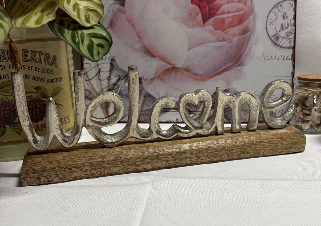 Welcome Metal Sign on Wooden Base