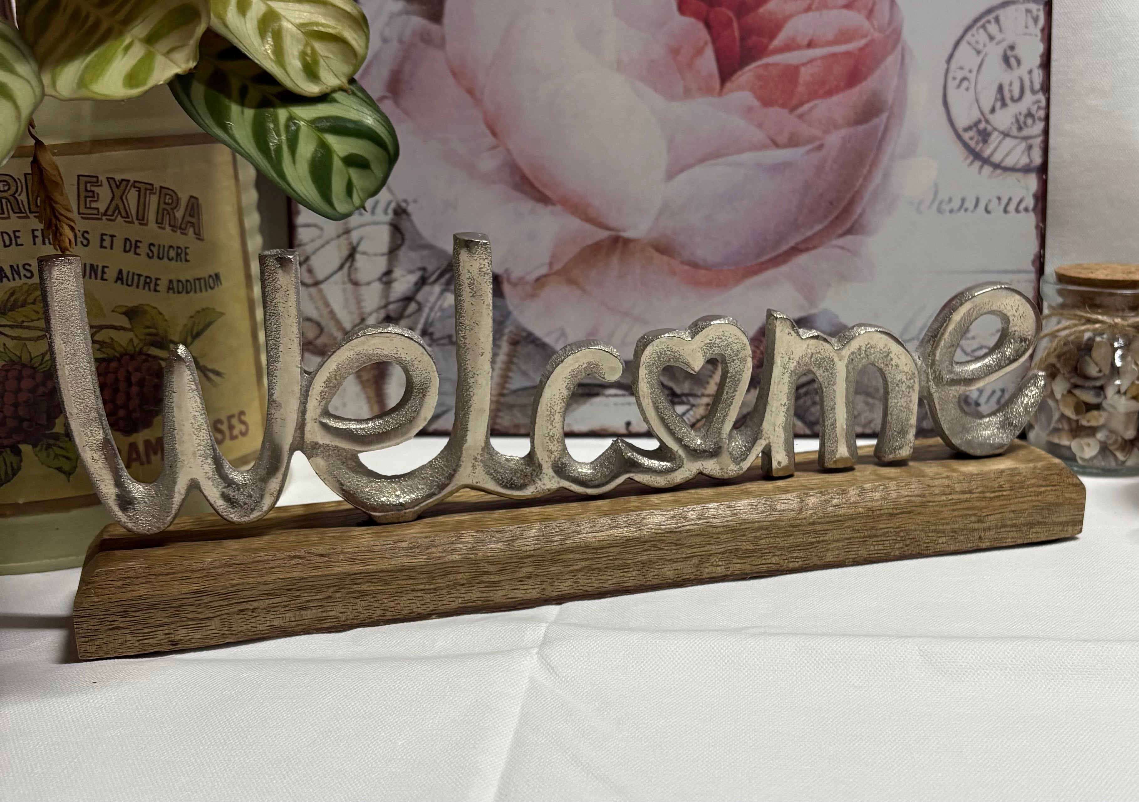 Welcome Metal Sign on Wooden Base