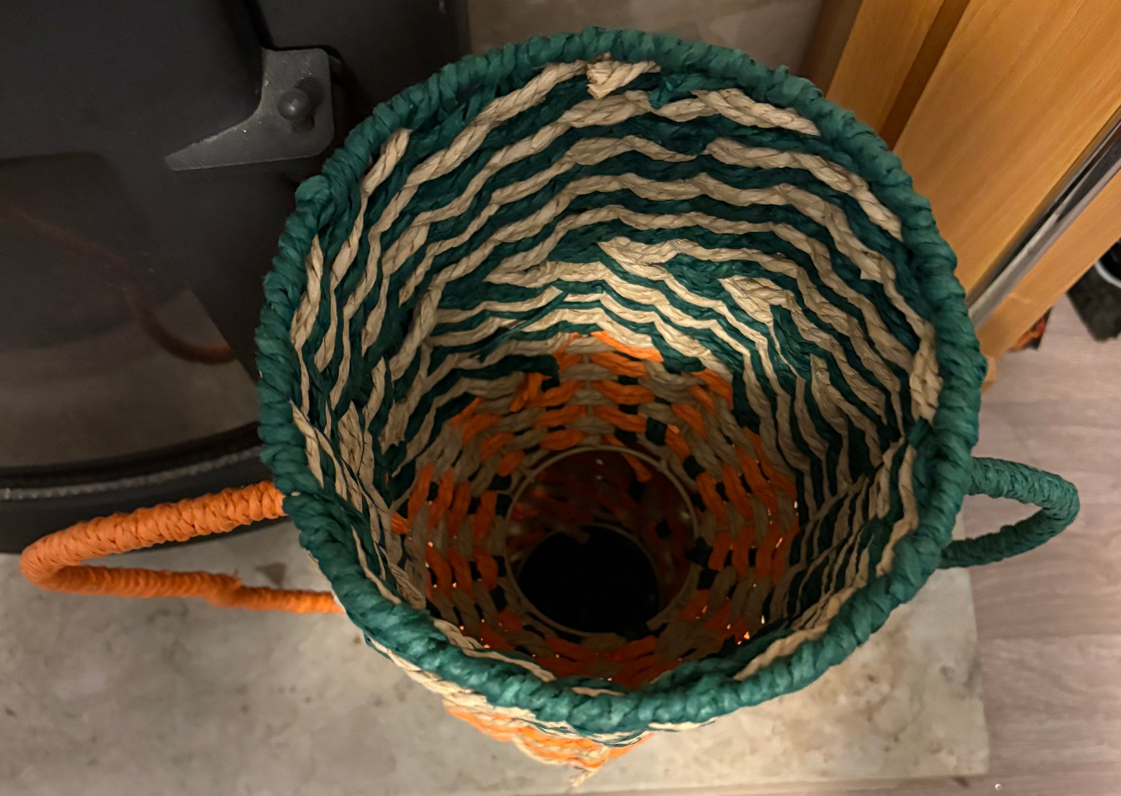 Large Orange and Green Rope Vase With Shaped Handles