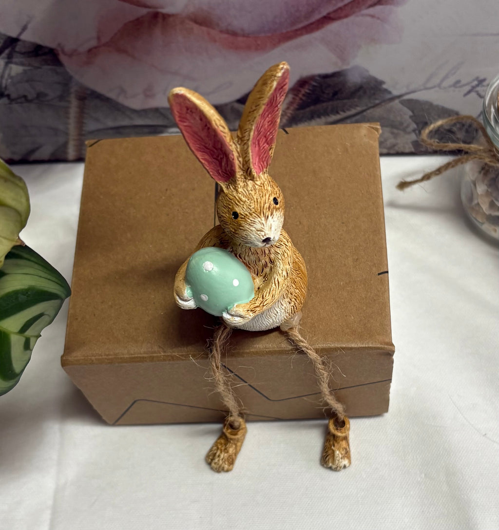 Brown Sitting Green Egg Twine Leg Bunny Resin Figure