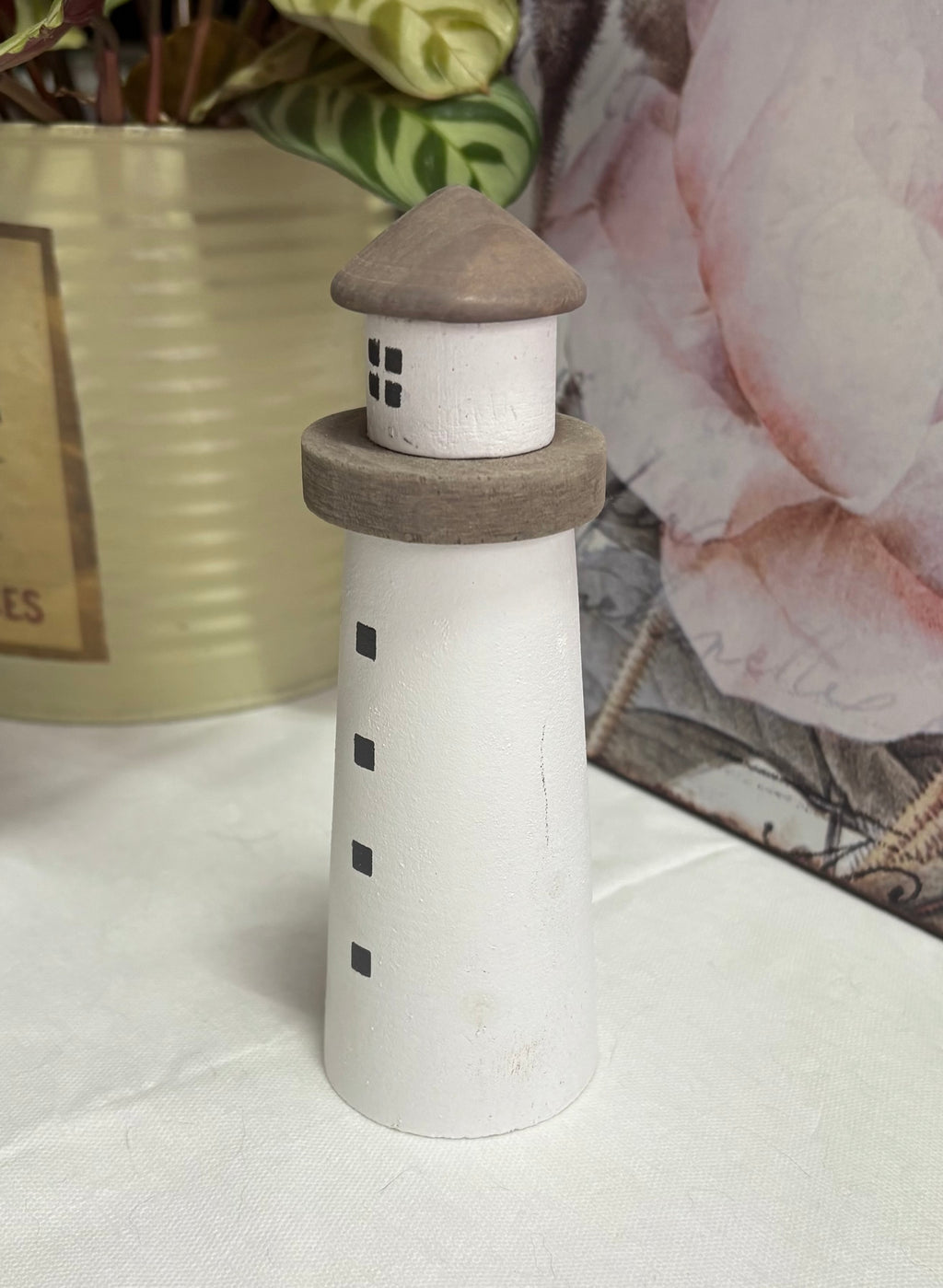 Wooden White Light House Ornament, 15cm