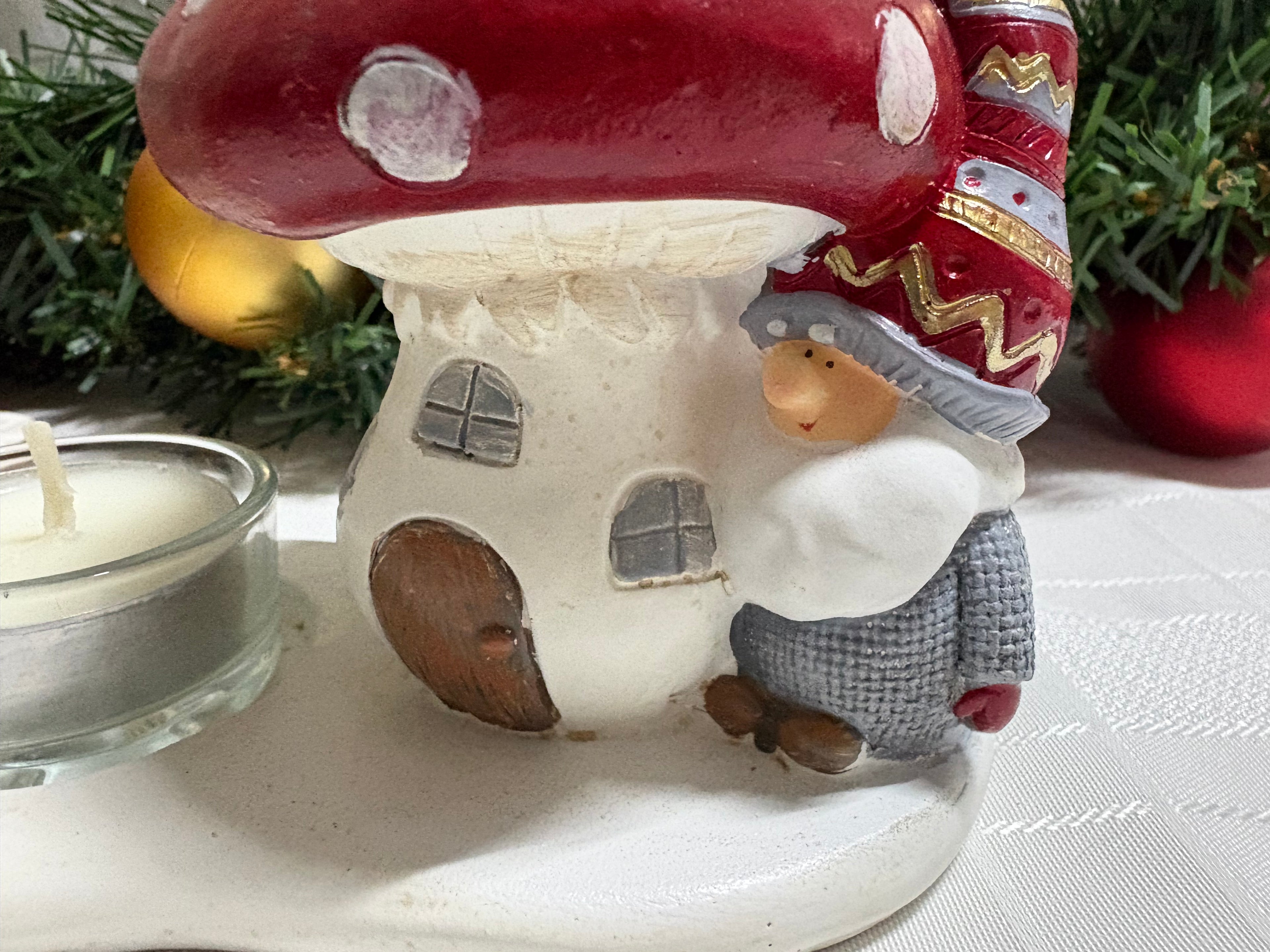 Santa with Toadstool Resin T Light Holder Ornament