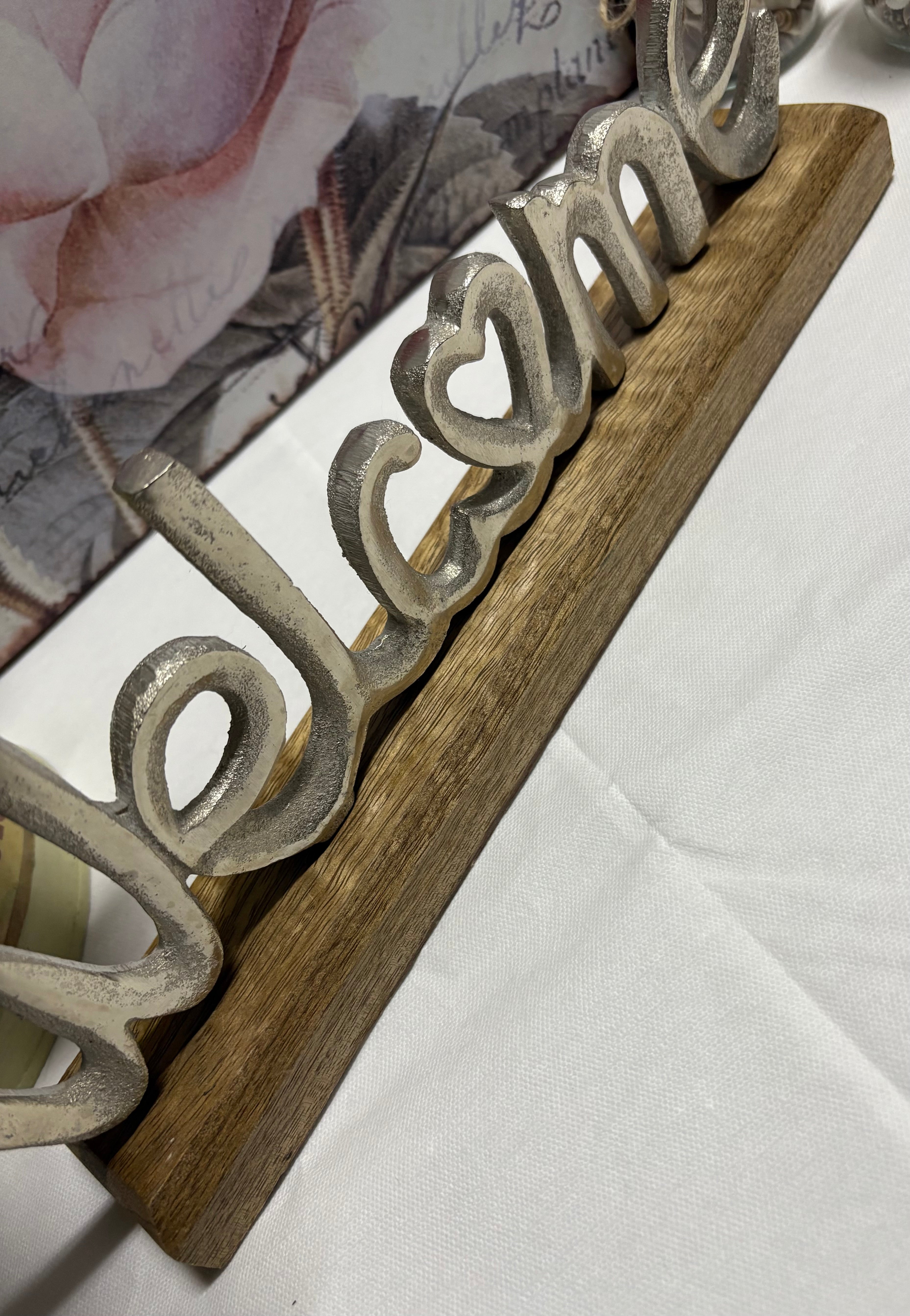 Welcome Metal Sign on Wooden Base