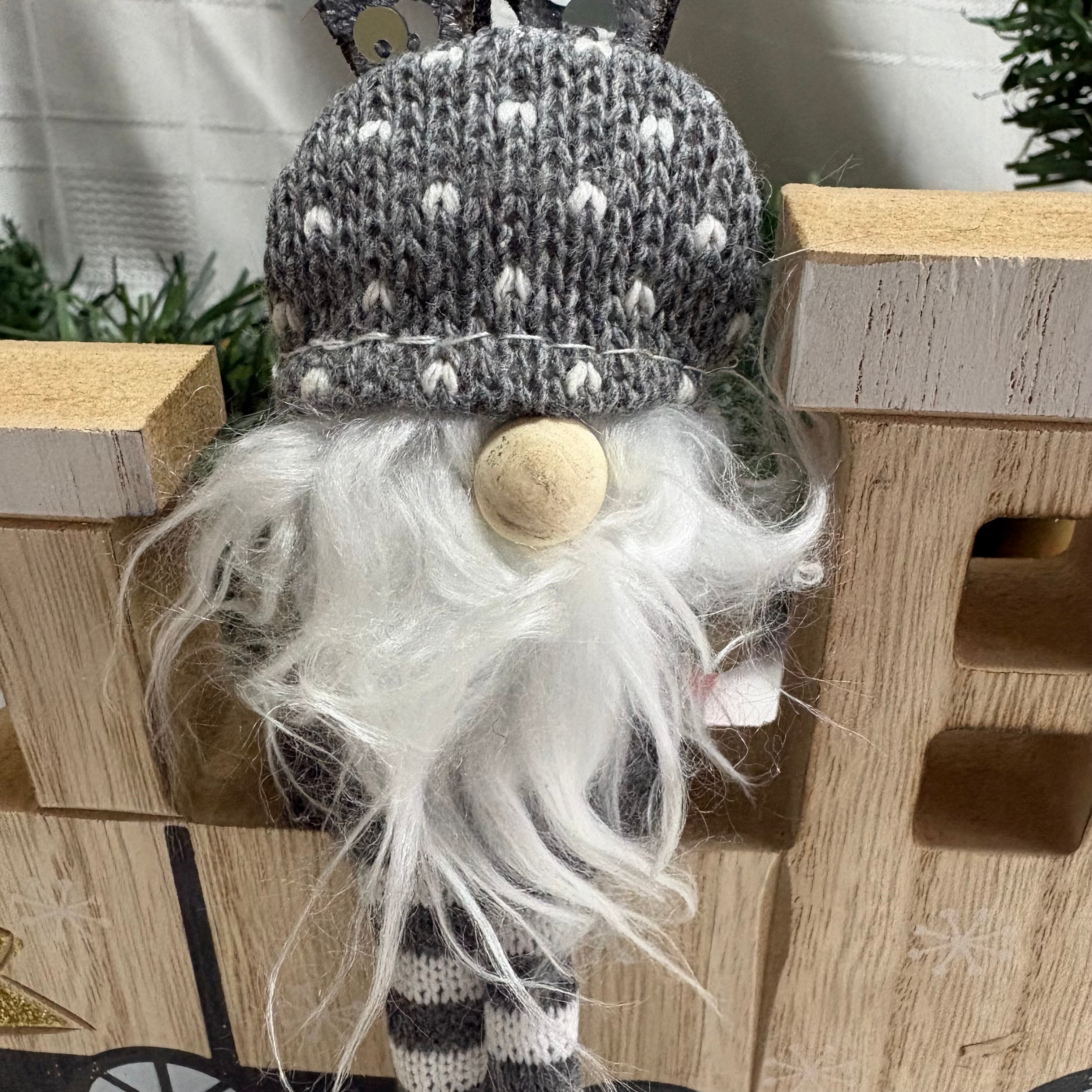 Grey Gonk Sitting On Wooden Train Christmas Ornament