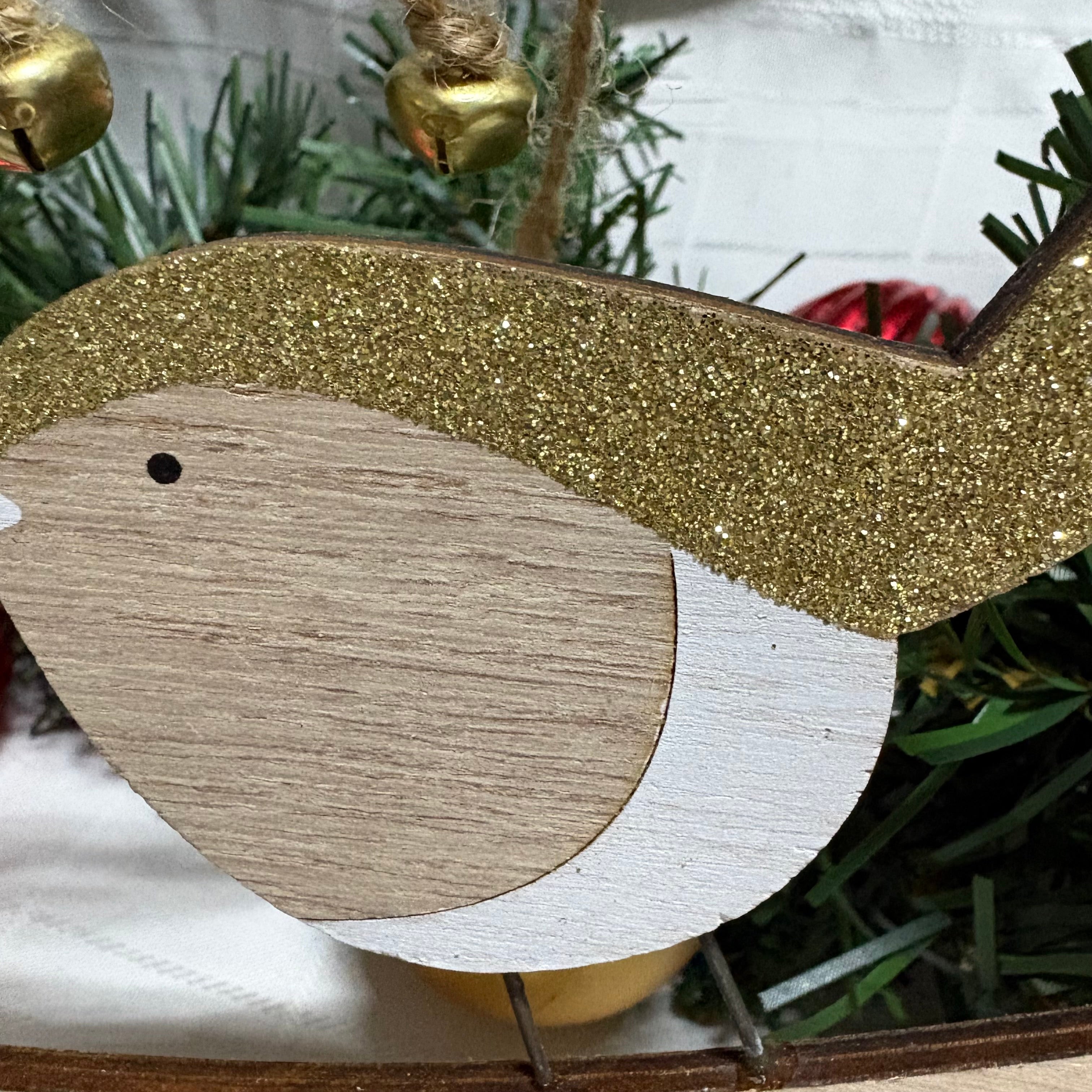 Wooden Gold Glitter Bird & Holly Hanging Decoration