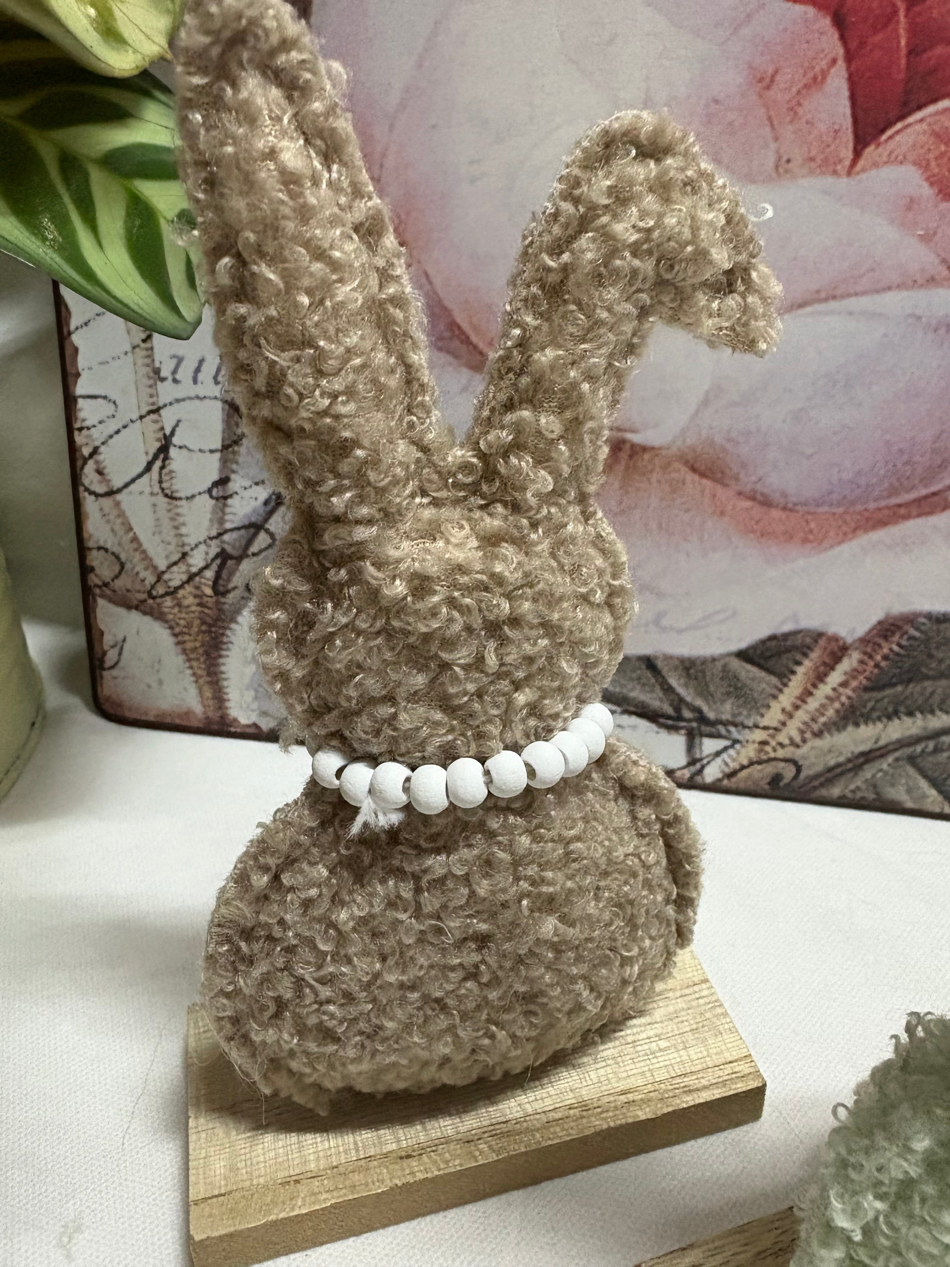 Pair of Sherpa Green And Brown Rabbits on Wooden Base, 17cm