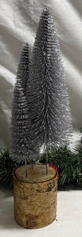 Silver Bottle Brush Tree Trio on Wooden Log Base