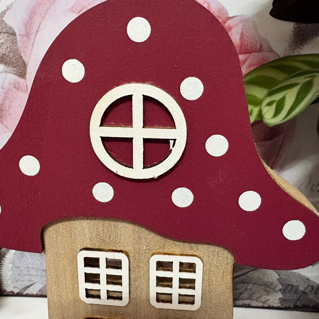 Wooden Mushroom House With Red Roof Ornament