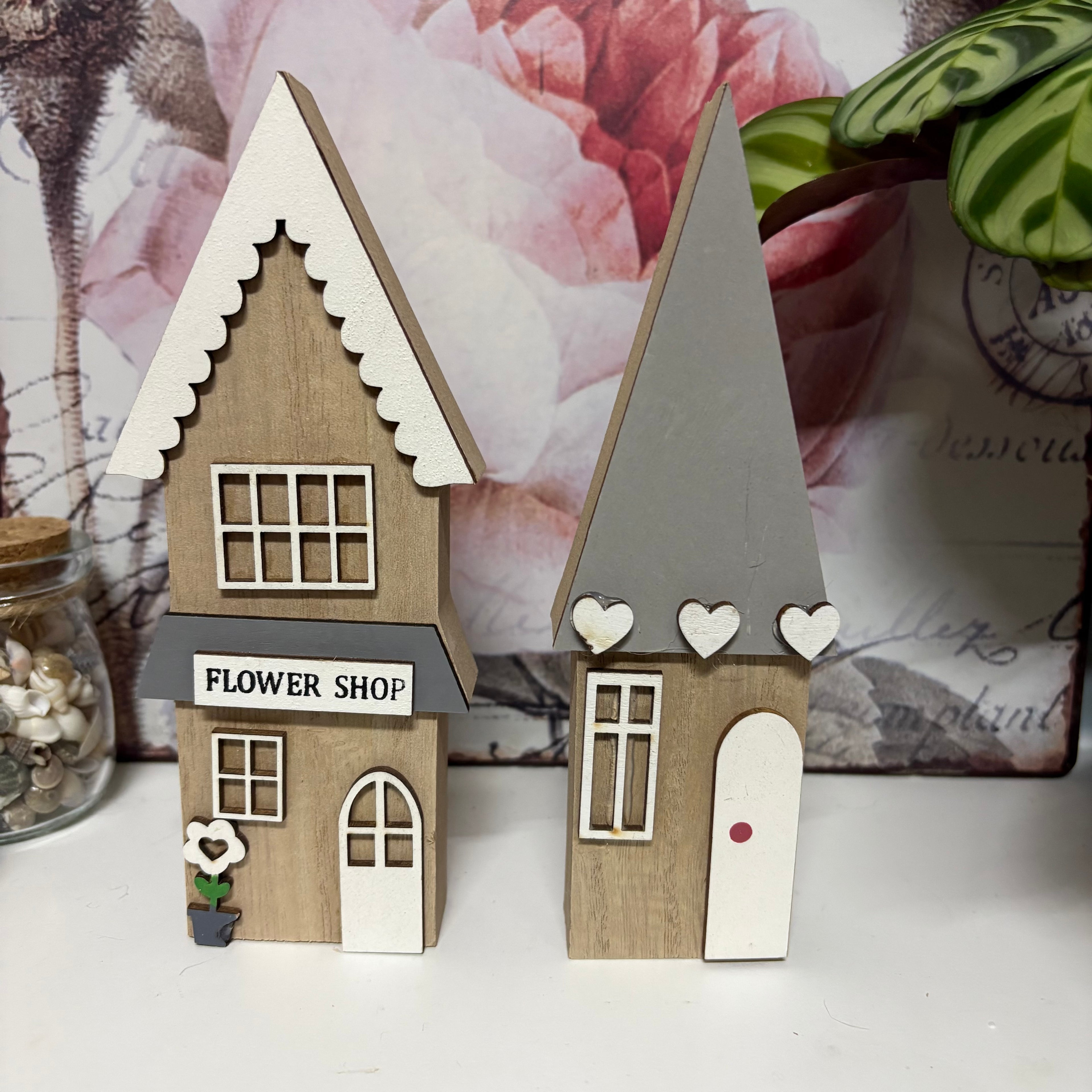 Pair of Large Wooden Flower Shop & House Ornaments
