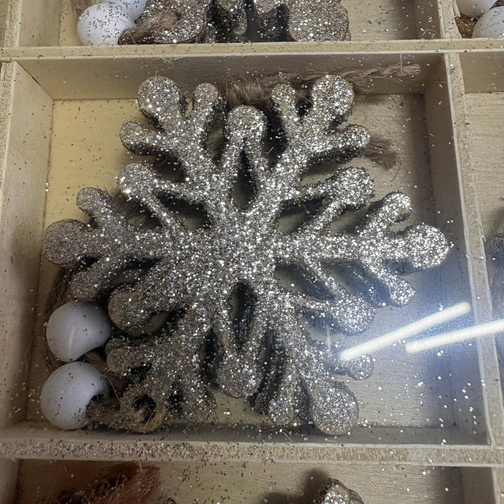 Set of 18 x Gold Glittery Wooden Snowflake Hanging Christmas Decorations