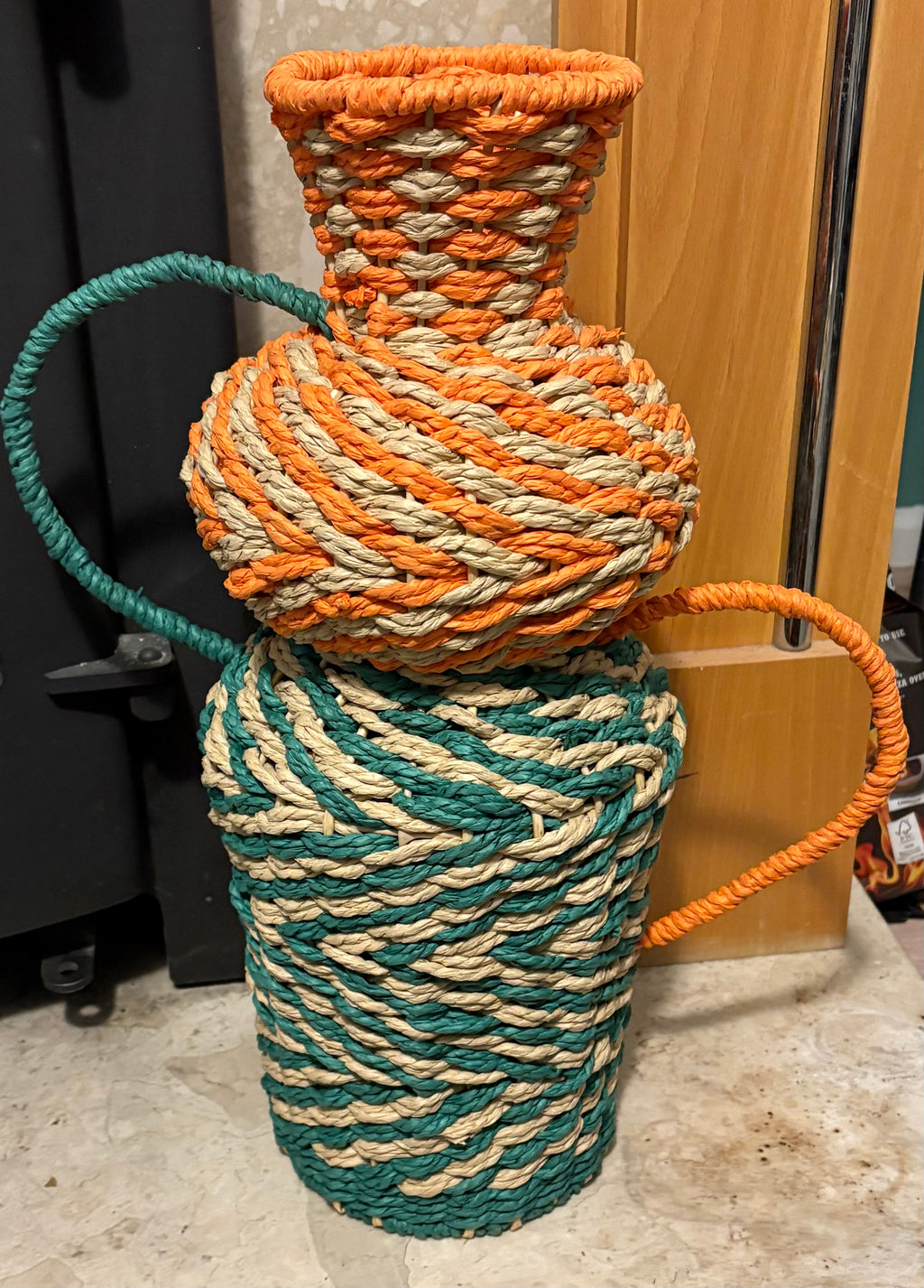 Large Orange And Green Rope Vase With Handles