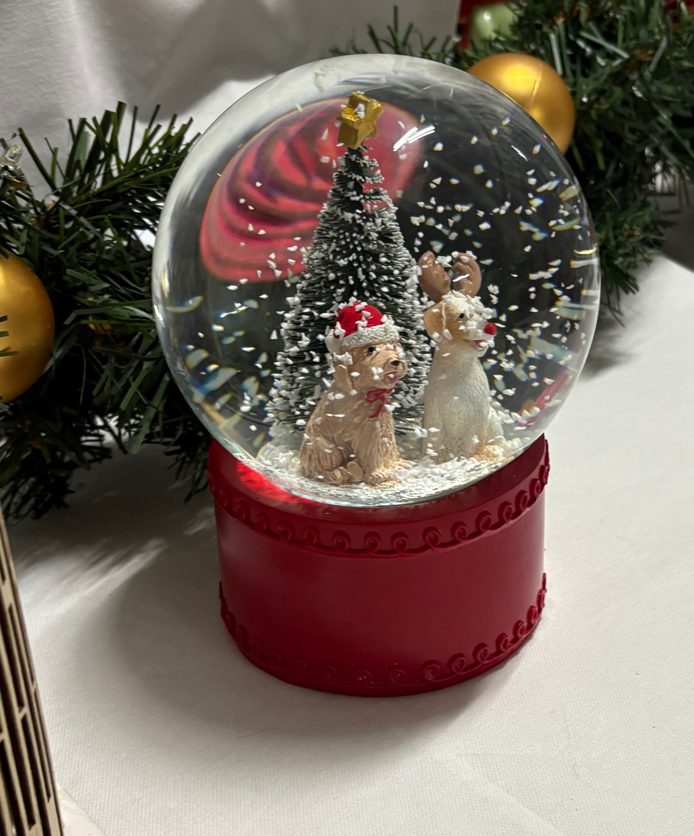 Beautiful Medium Sized Dogs & Tree Snow Globe with Red Base