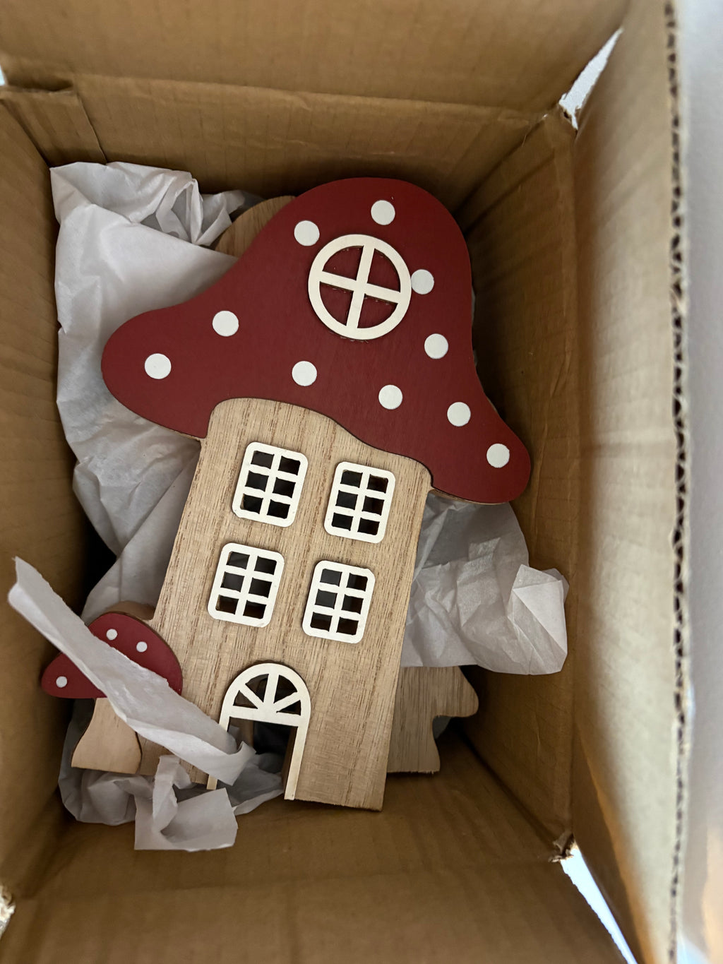 Wooden Mushroom House With Red Roof Ornament
