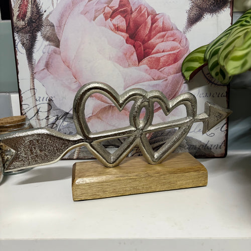 Double Heart & Cupids Arrow Metal Ornament on Wooden Block