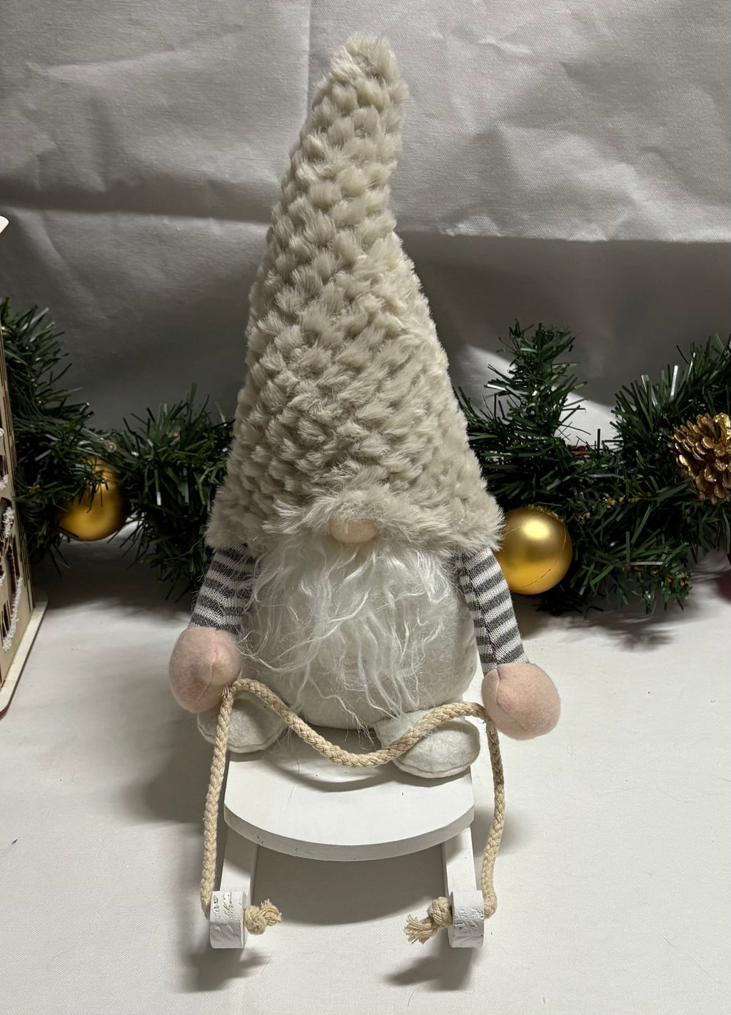 Plush Gonk on a Wooden Sleigh Christmas Decoration