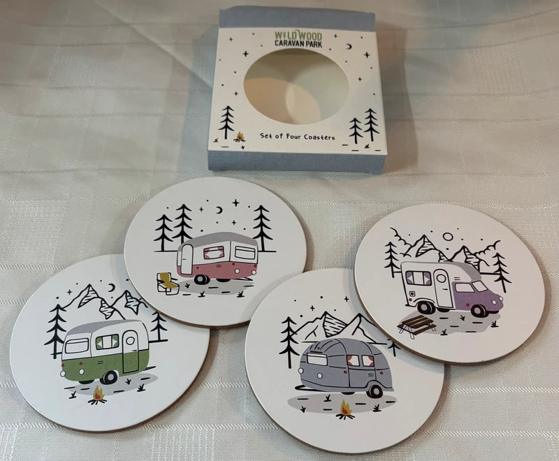 Wildwood Caravan Set Of 4 Cork 10cm Coasters - Boxed