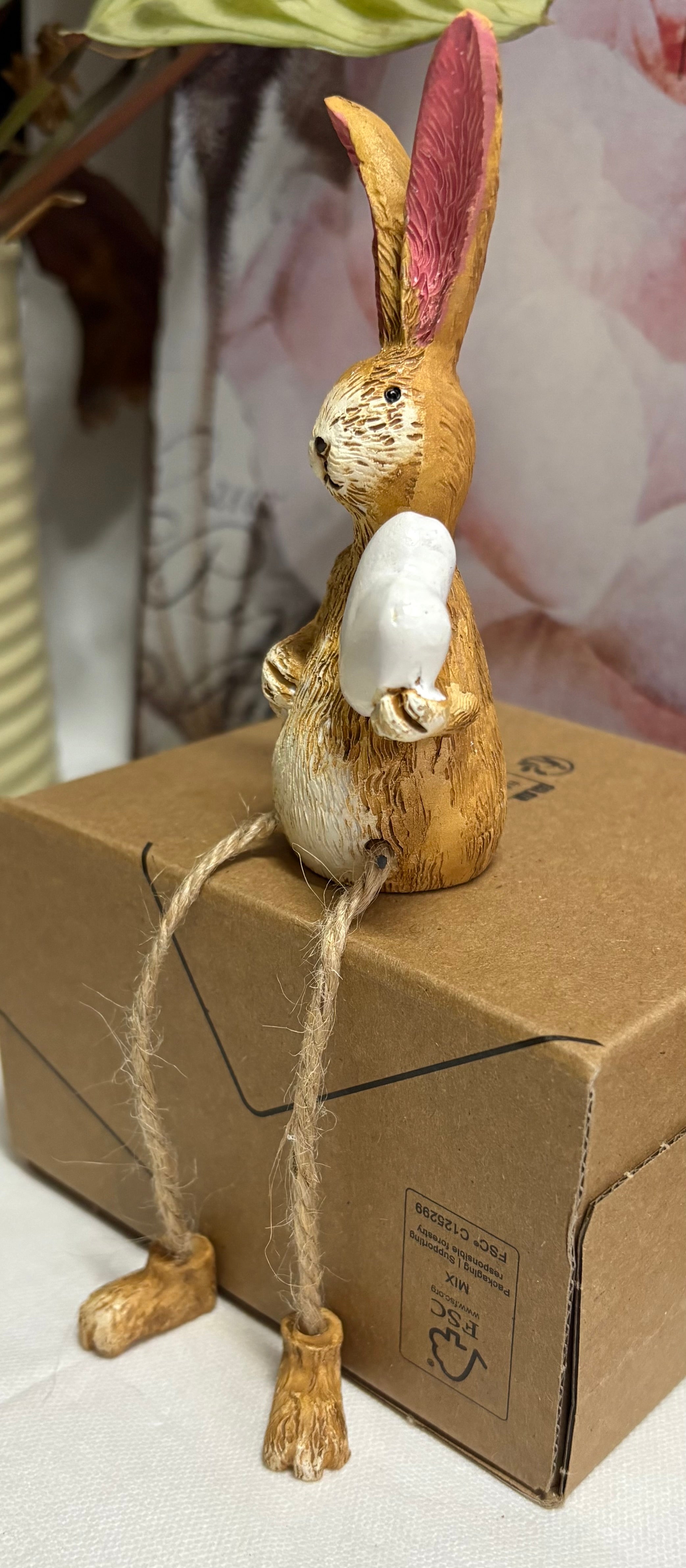 Sitting Brown Bunny with Twine Legs and White Heart Figure Ornament