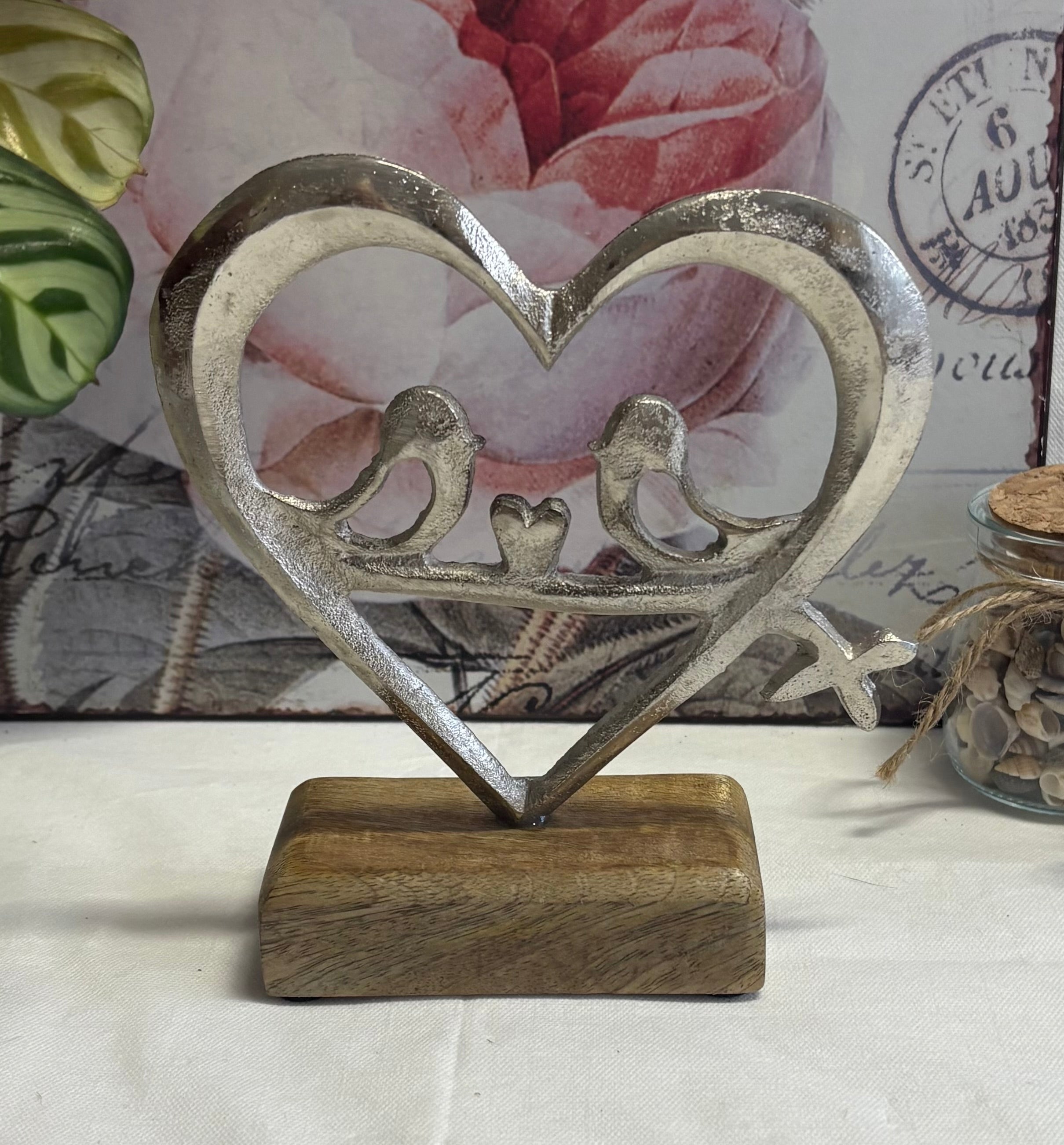 Heart and Bird on Wooden Plaque Ornament, 18cm