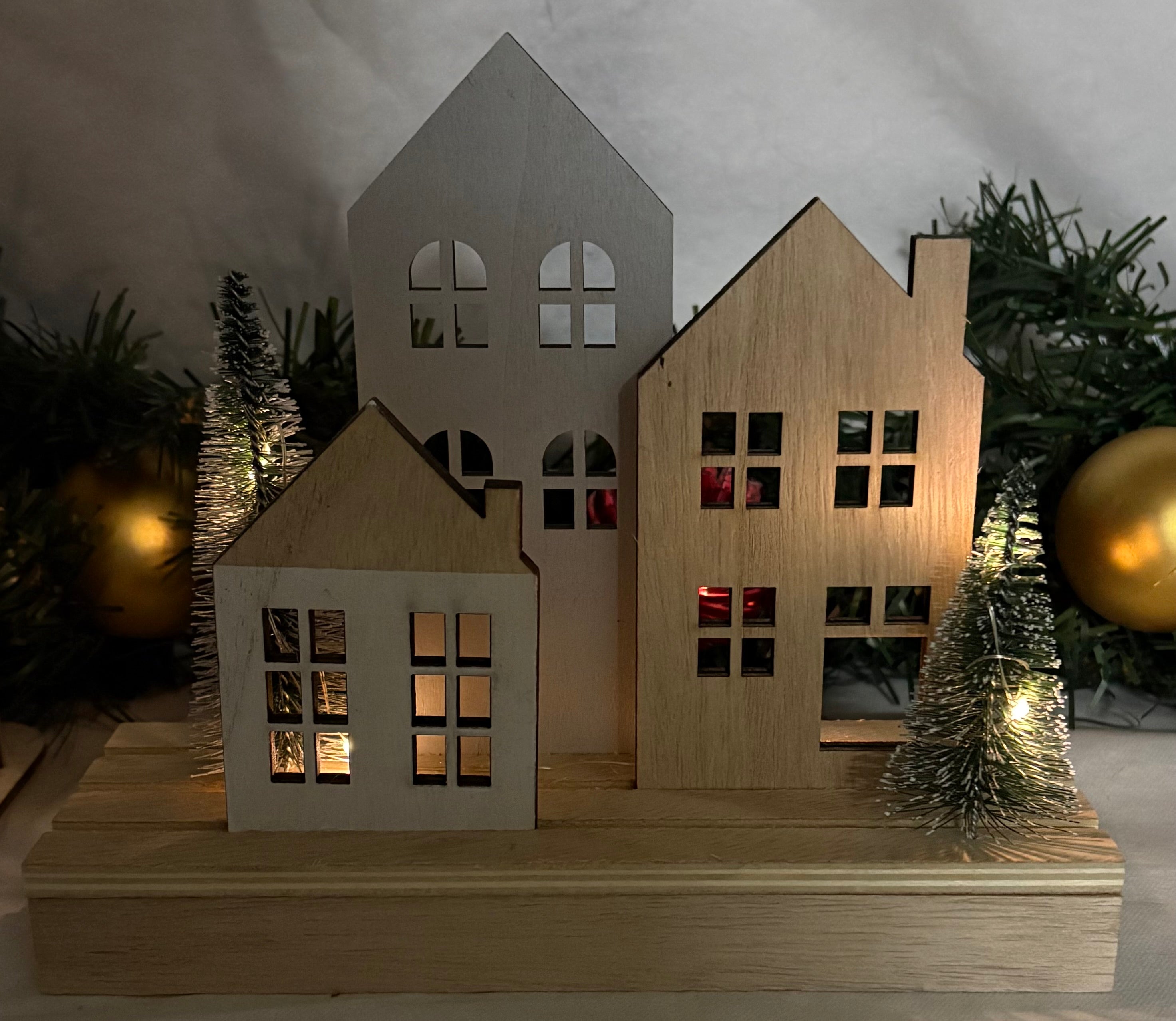Light Up LED Wooden House & Tree Scene