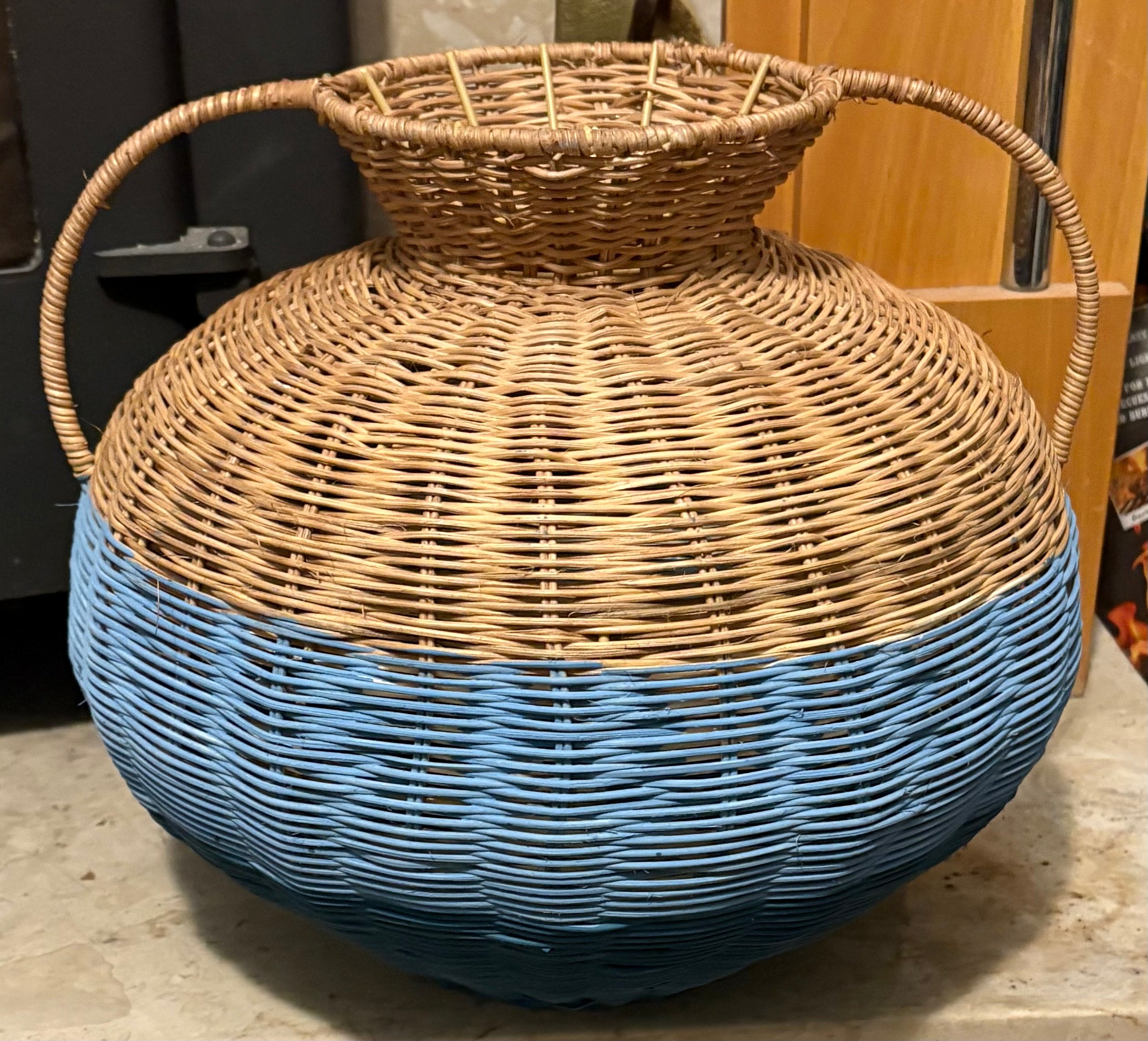 Blue Stripe Rattan Pot Vase With Handles