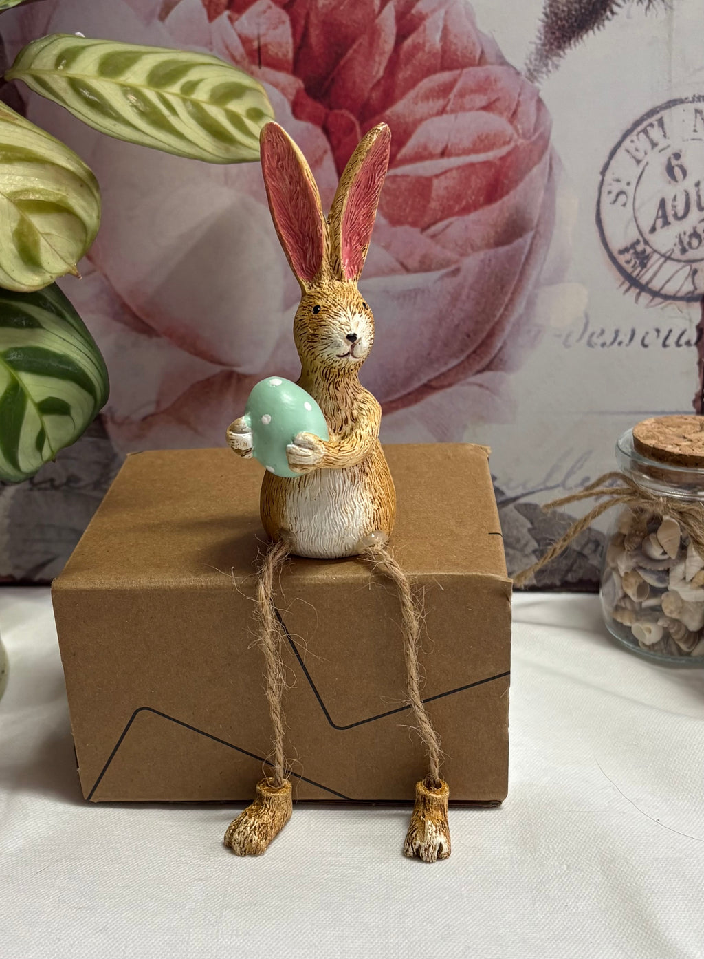Brown Sitting Green Egg Twine Leg Bunny Resin Figure