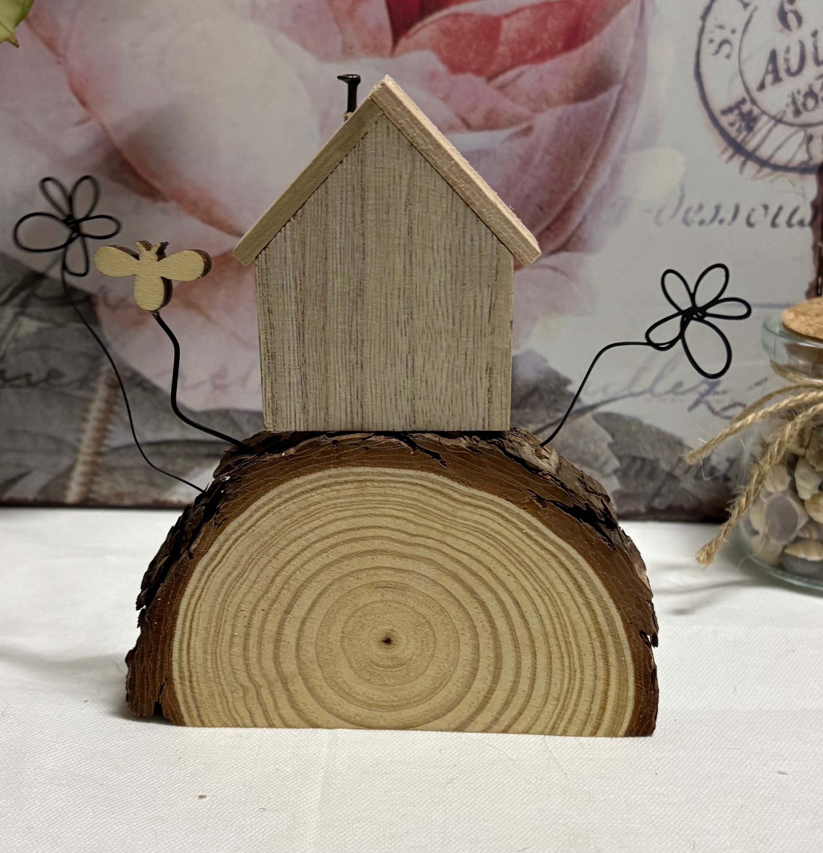 Rustic Wooden Log House Ornament Decor, 14cm