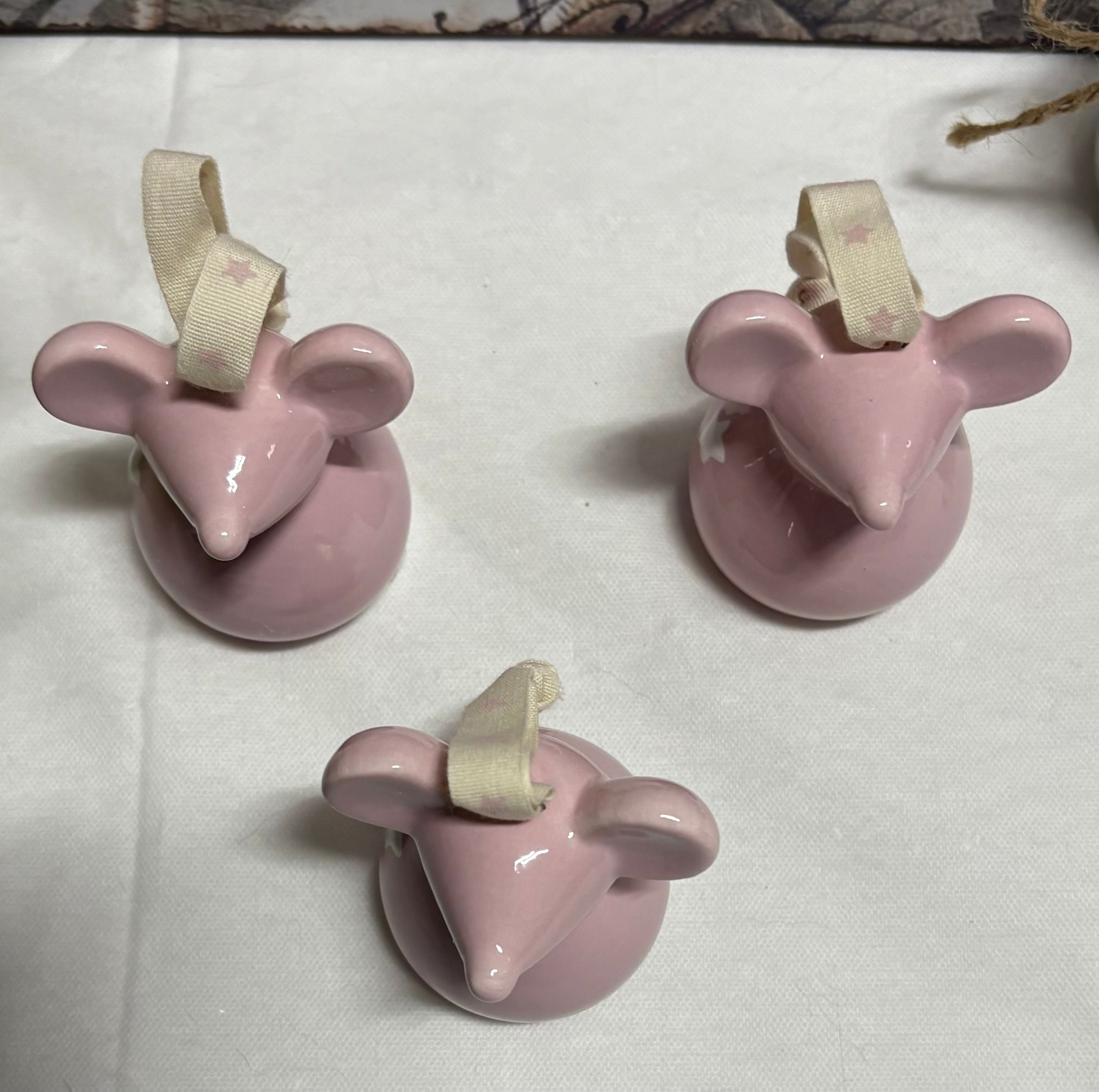 Set of 3 x Pink Ceramic Hanging Mice Ornaments