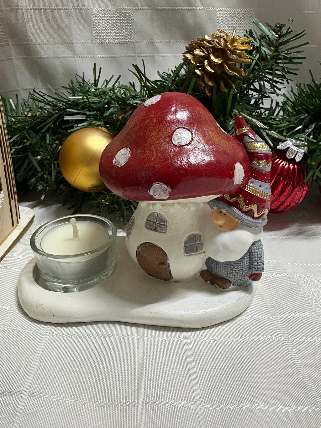 Santa with Toadstool Resin T Light Holder Ornament