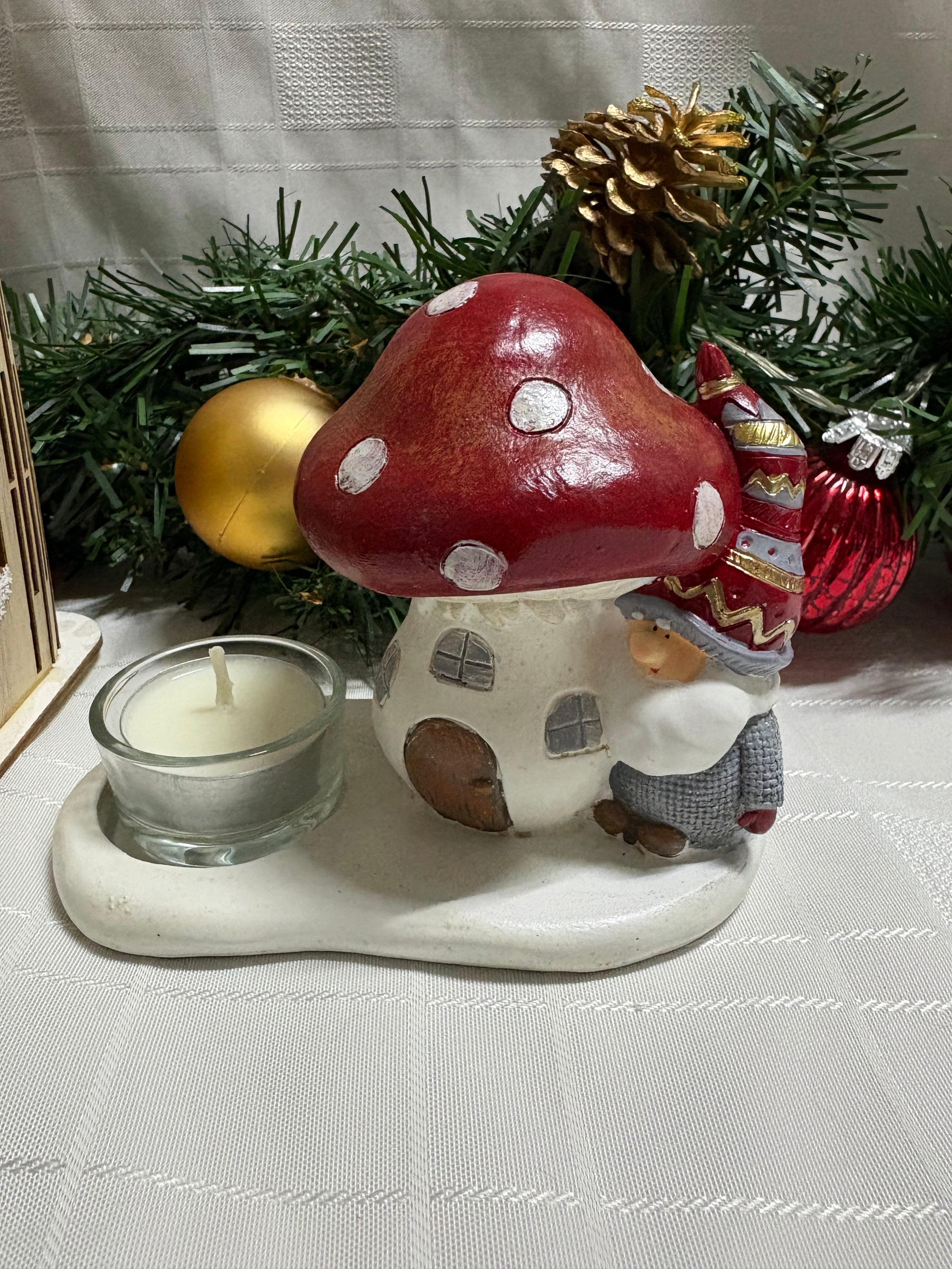 Santa with Toadstool Resin T Light Holder Ornament