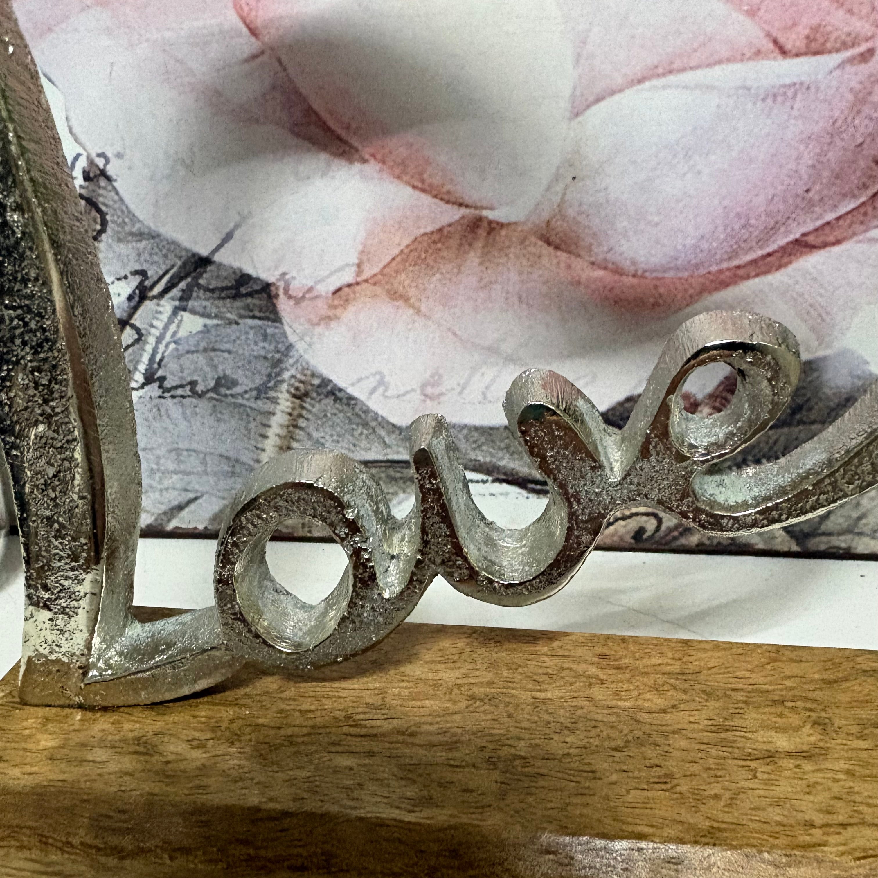 Aluminium Love Heart Metal Ornament in Wooden Block