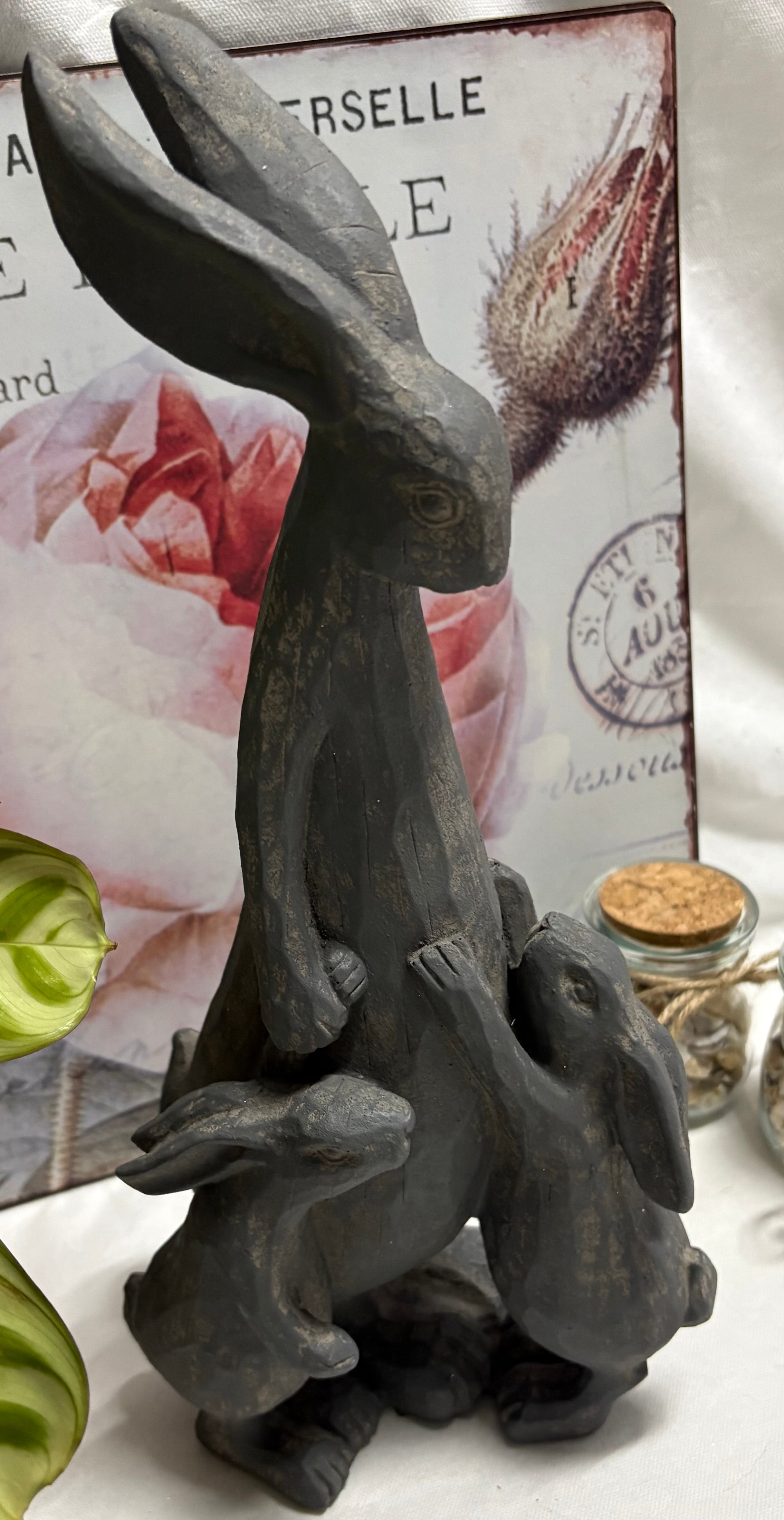 Hare and Leverets Resin Statue Ornament
