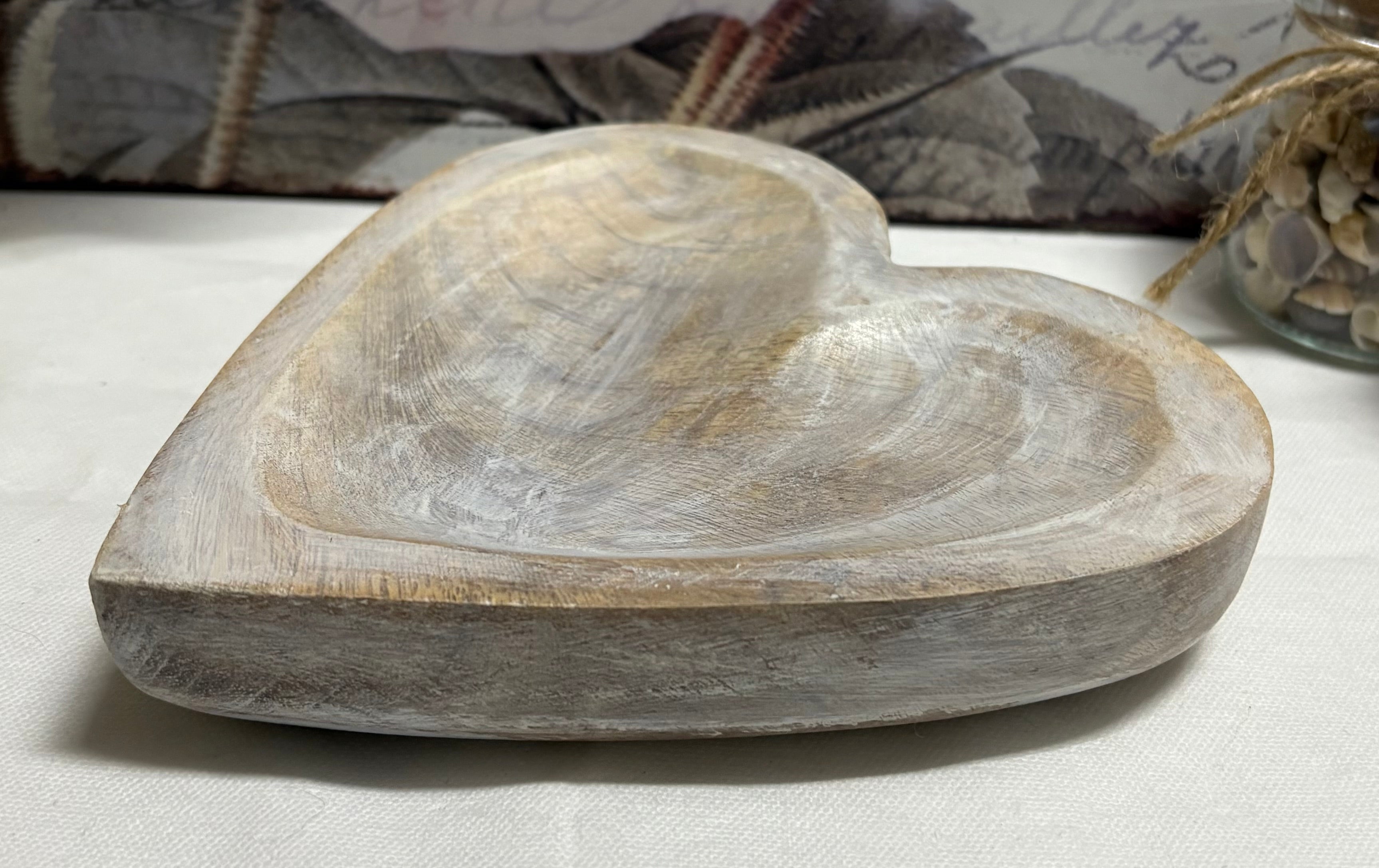 White Wooden Heart Dish, 15cm