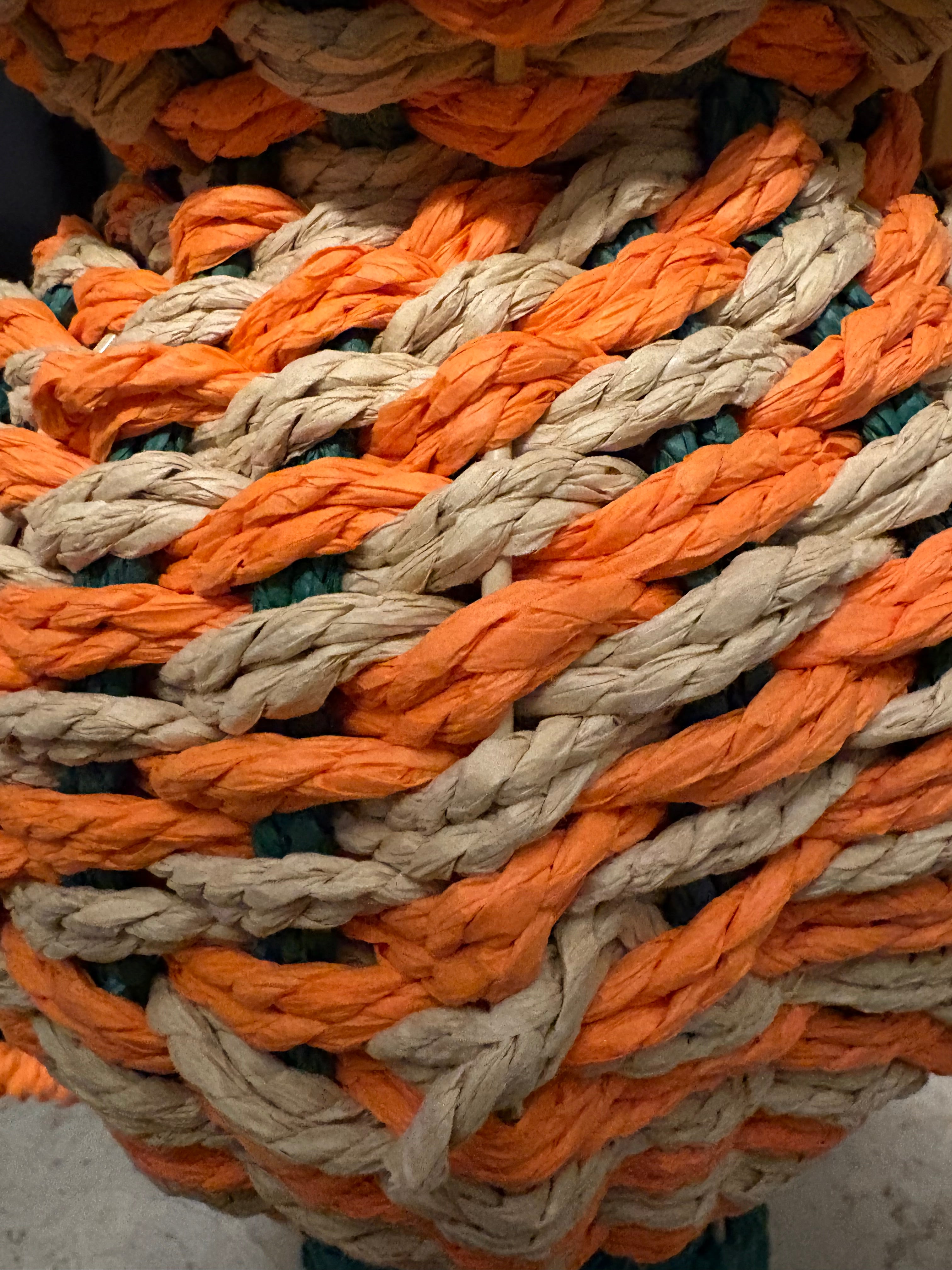 Large Orange and Green Rope Vase With Shaped Handles