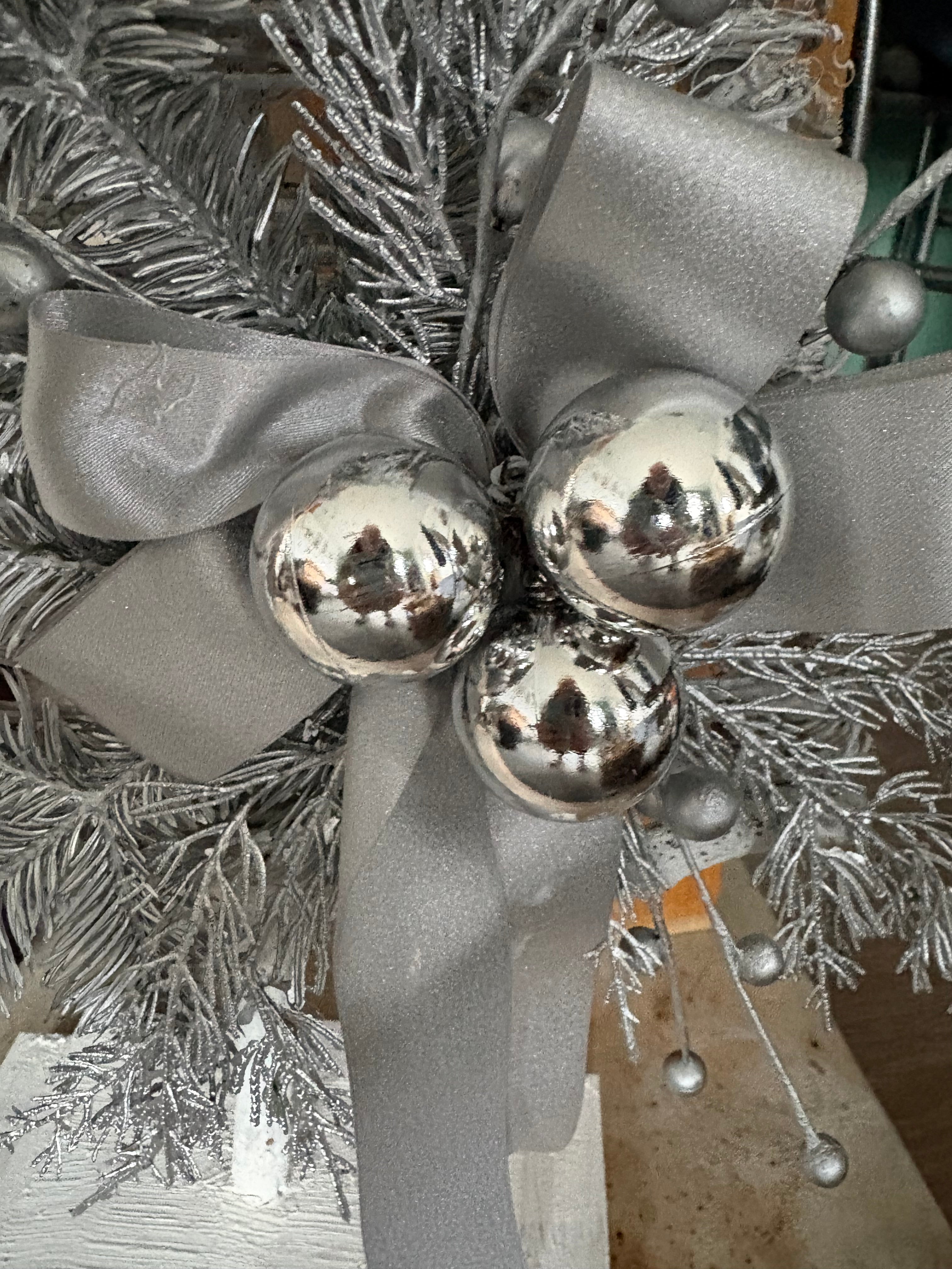 Silver & White Large Wooden Tree Ornament with Bow