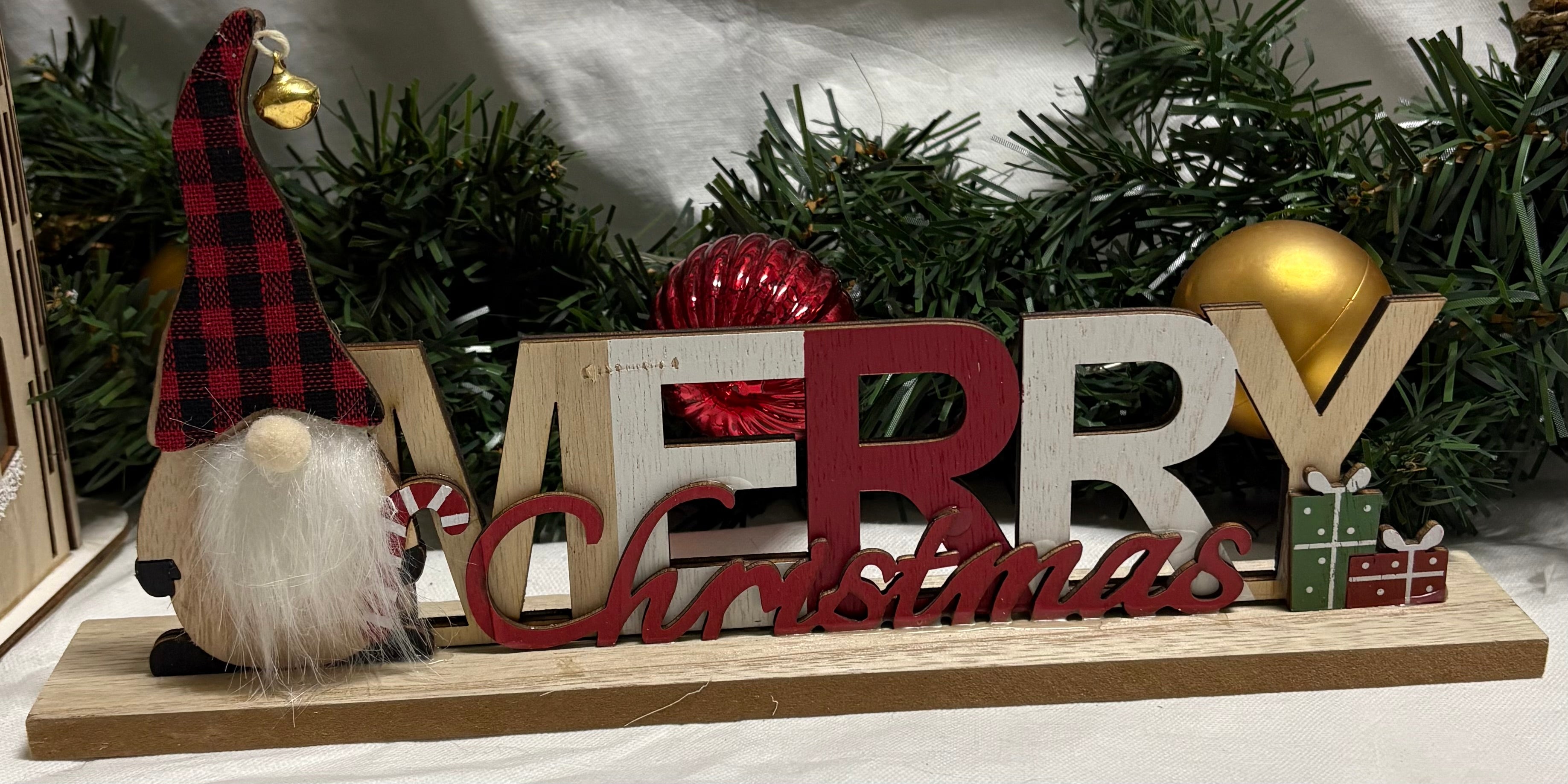 Merry Christmas Tartan Hat Gonk Wooden Sign