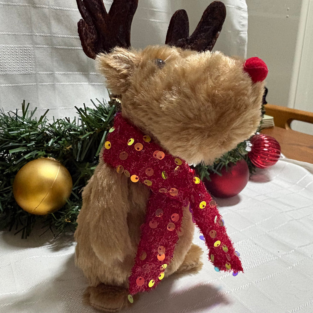 Fluffy Reindeer Plush with Red Sequin Scarf Ornament & Stocking Set