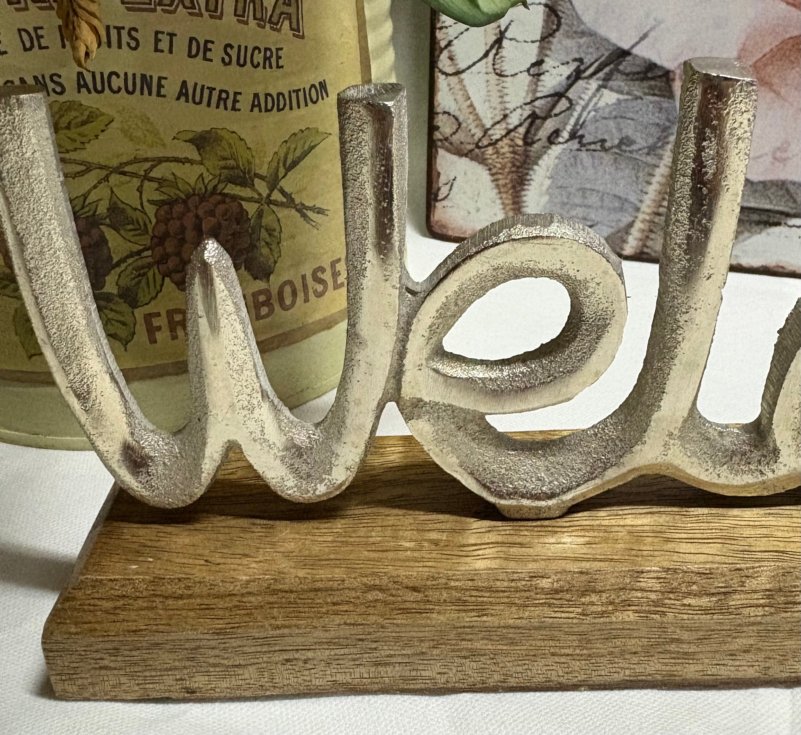 Welcome Metal Sign on Wooden Base