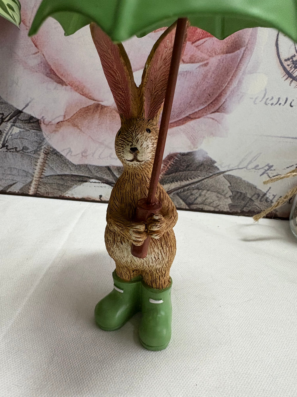 Standing Brown Bunny Rabbit with Green Umbrella Figure Ornament