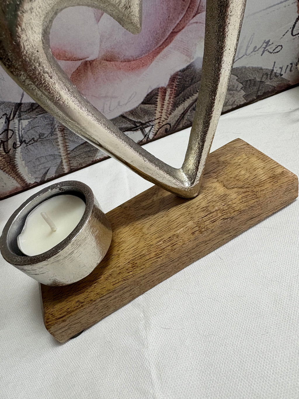Metal Heart with T-Light Holder on Wooden Base, 17cm
