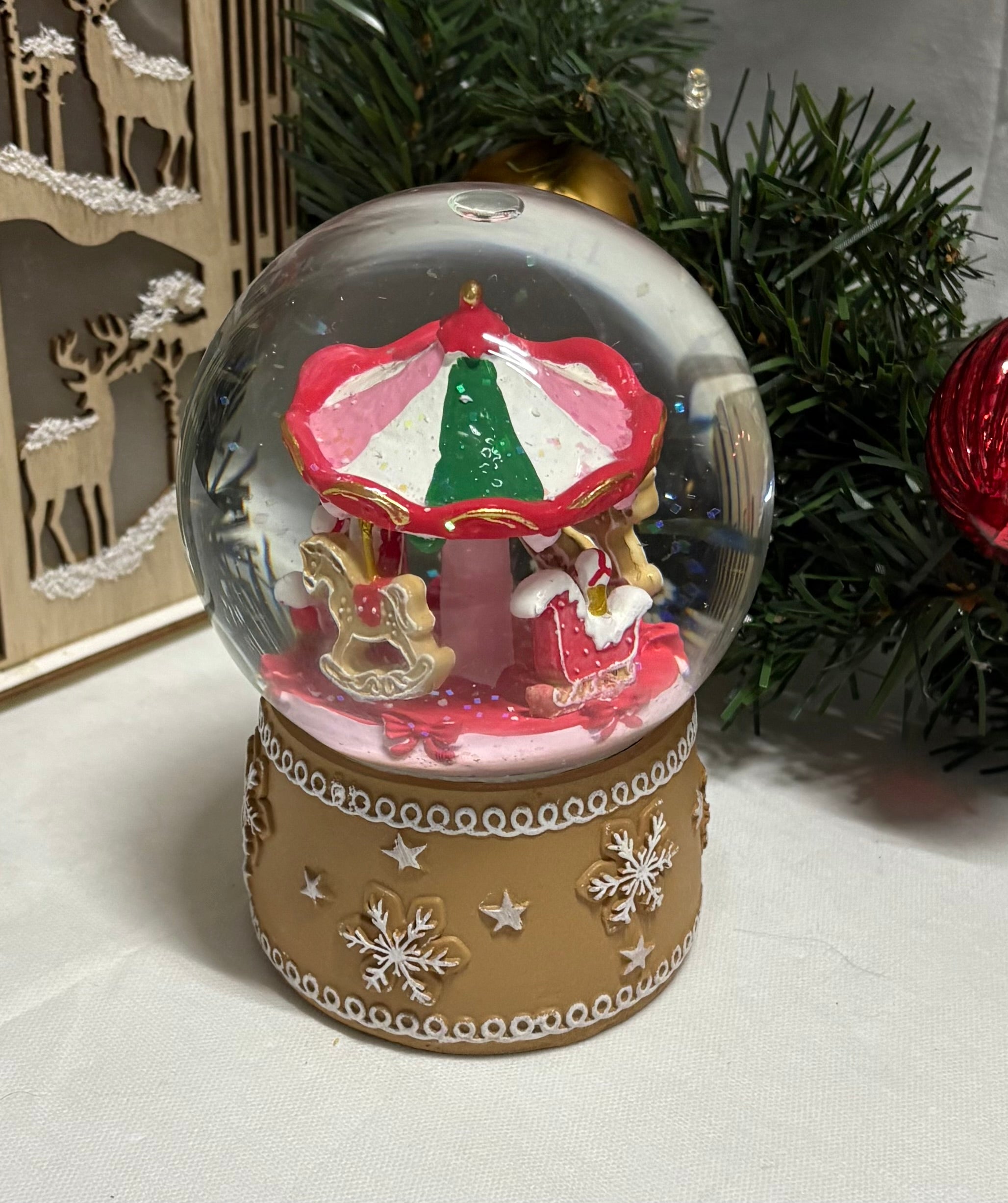 Beautiful Medium Sized Carousel Gingerbread Base Snow Globe