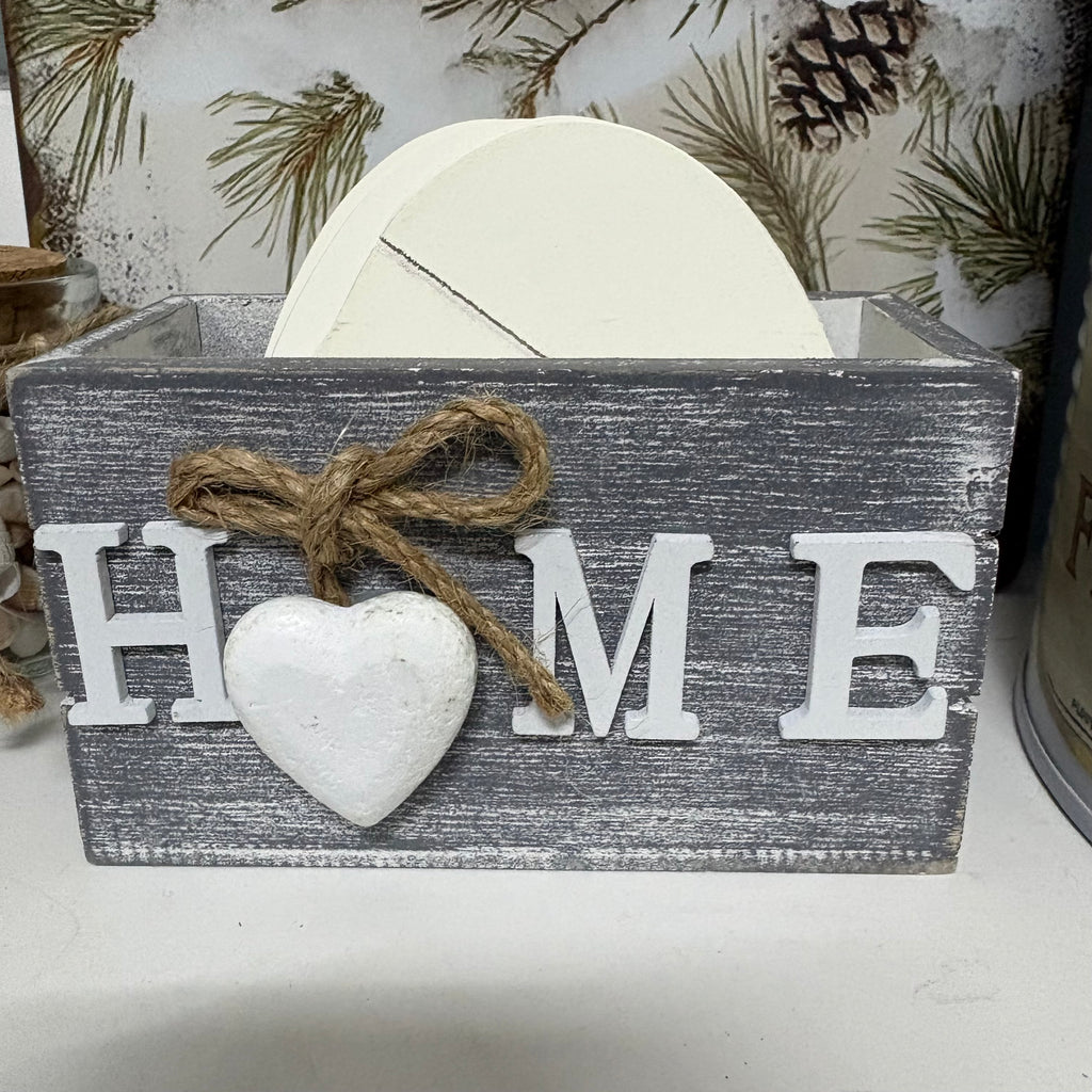 White Wooden Heart Coasters in Home Box
