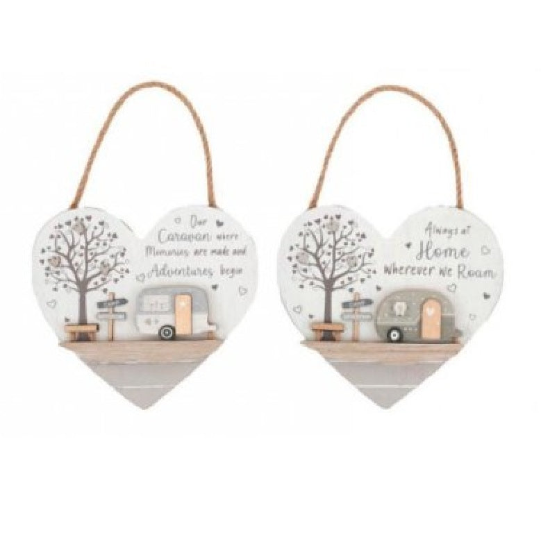 Vintage Hanging Wooden Heart Shaped Caravan Sign - 2 Designs