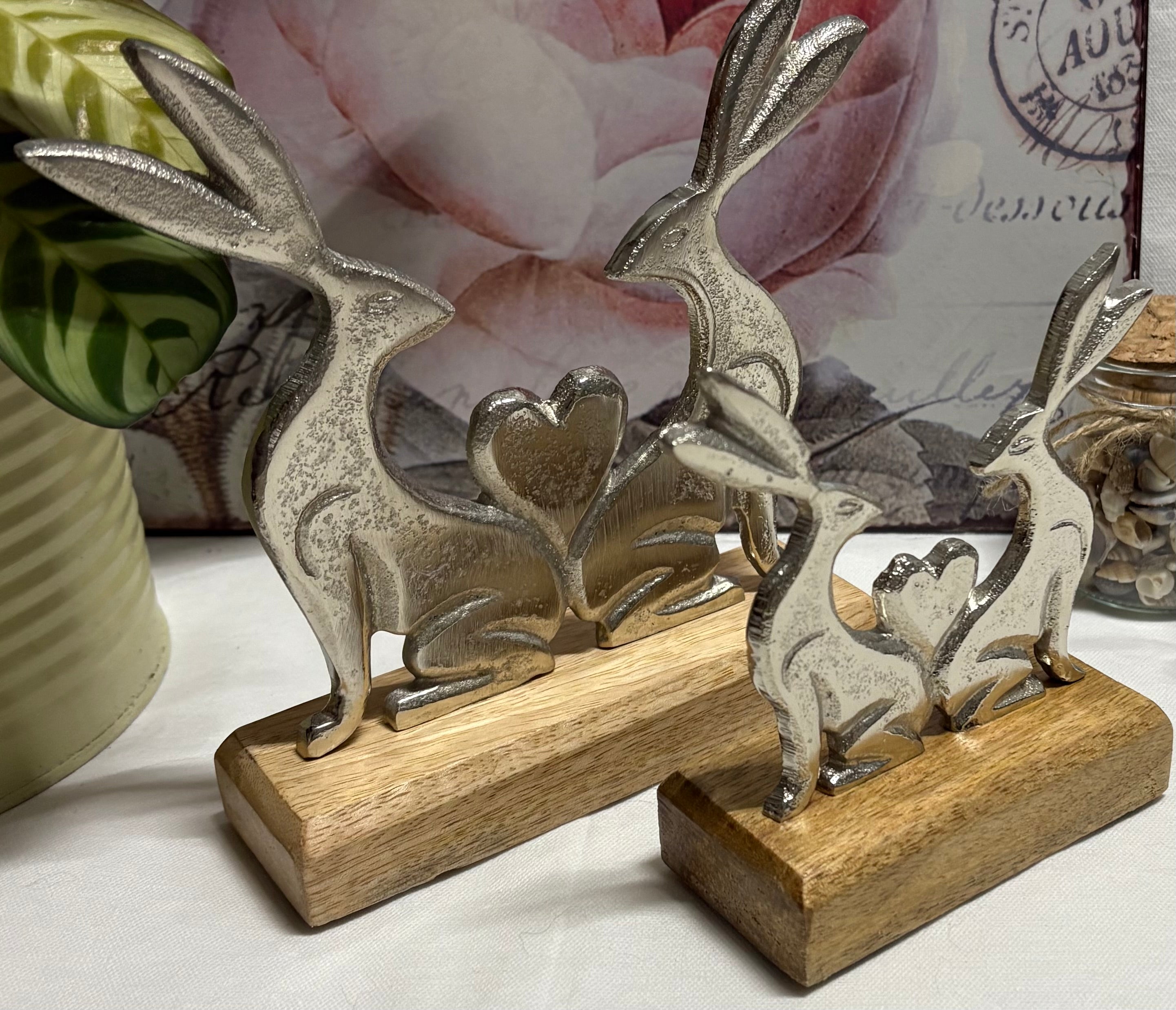Pair of Metal Rabbits Hare Bunnies with Heart on Wooden Base Ornament - 2 Sizes