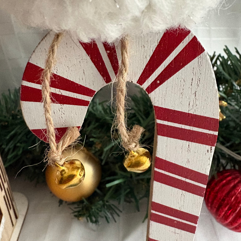 Wooden Candy Cane with Santa & Bells Christmas Ornament