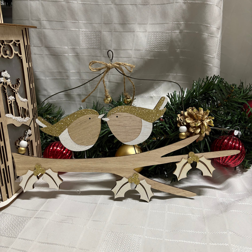 Wooden Gold Glitter Bird & Holly Hanging Decoration
