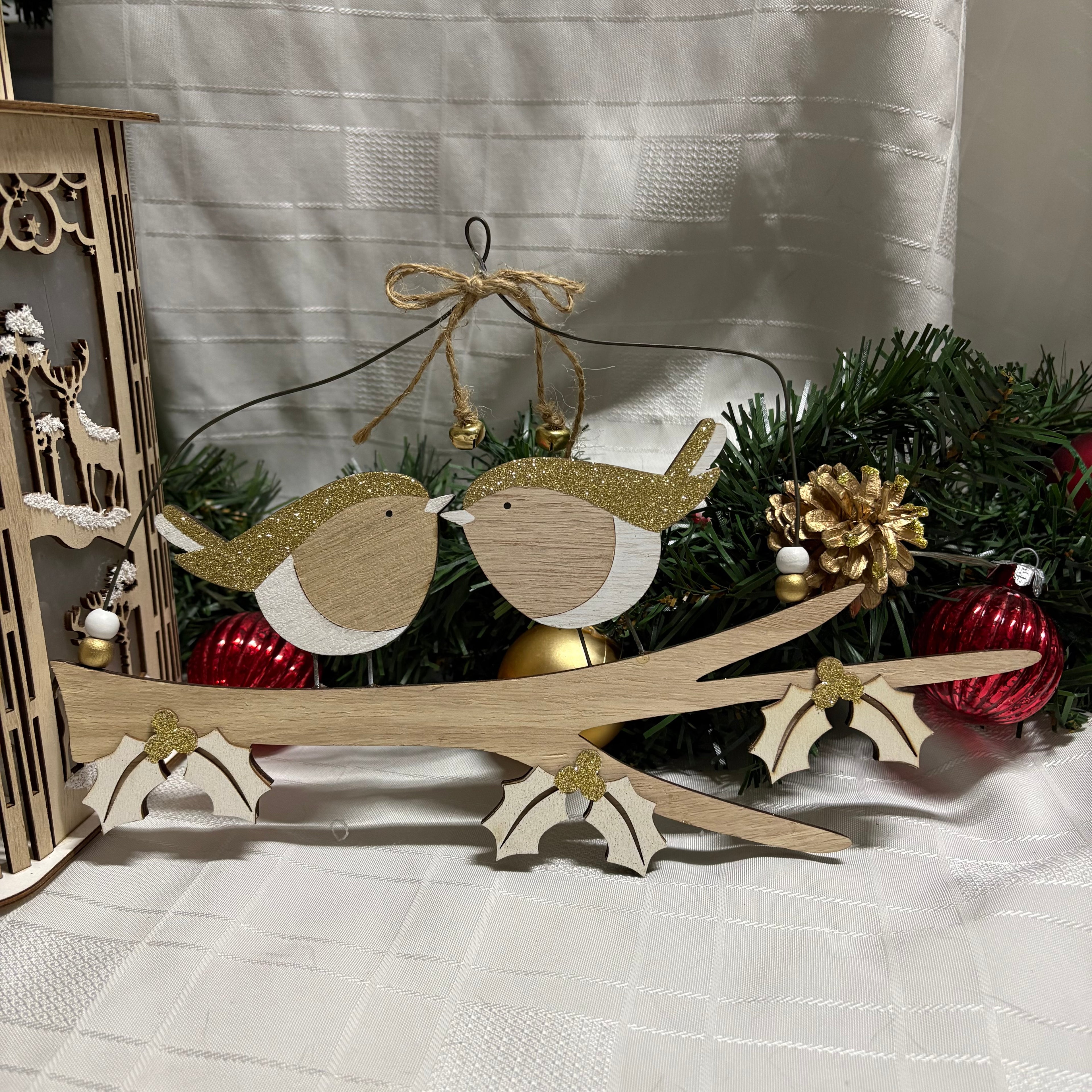 Wooden Gold Glitter Bird & Holly Hanging Decoration