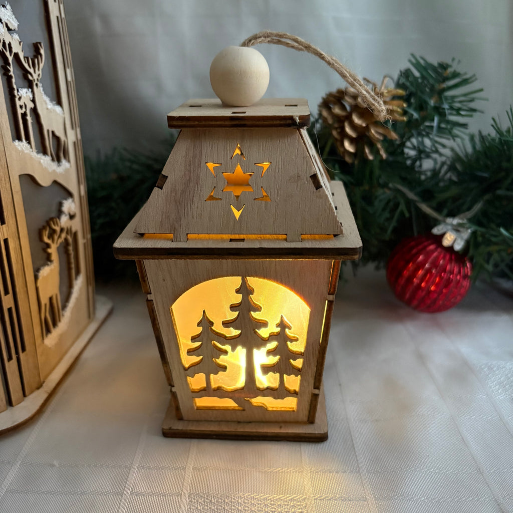 LED Light Up Hanging Wooden Lantern with Christmas Scene