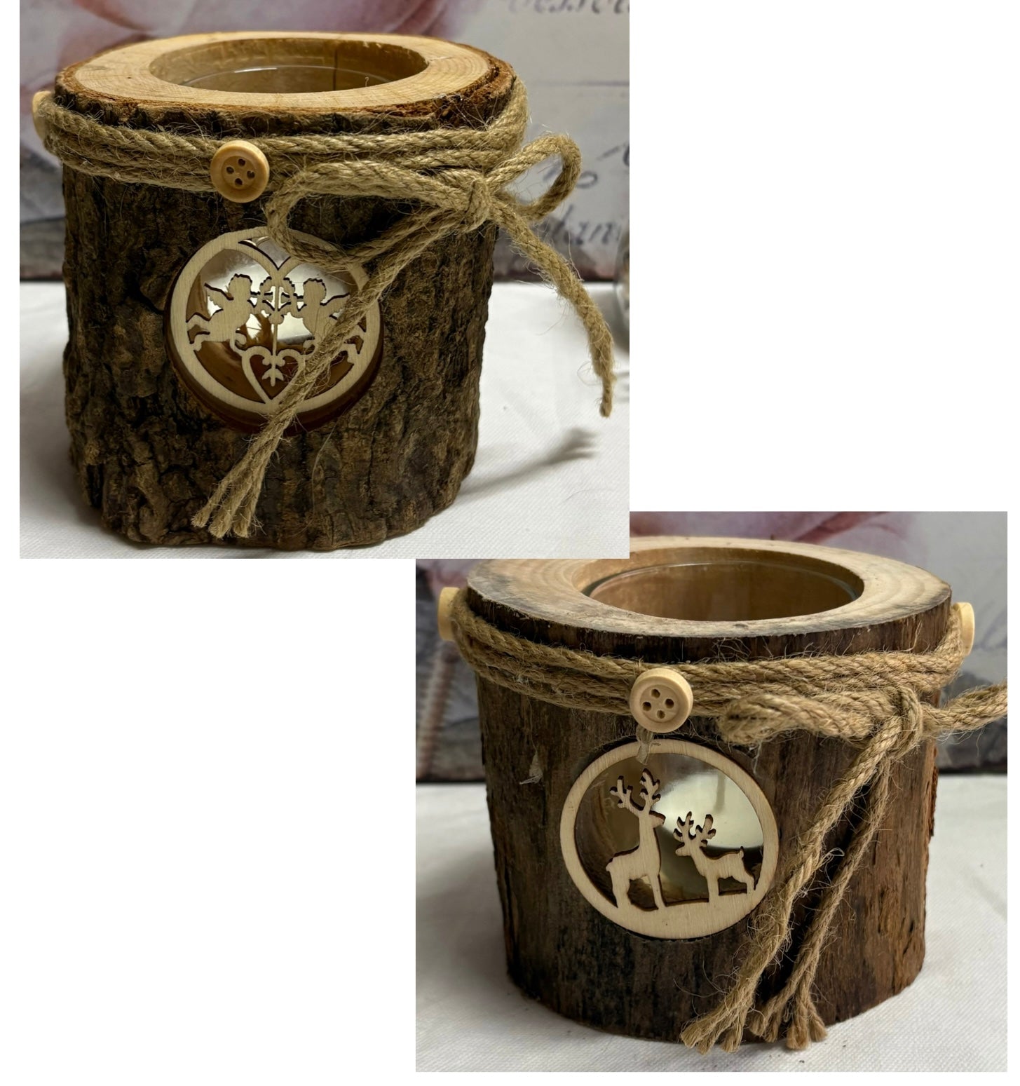 Bark Candle Holder with Deer or Cherub Cutout Design