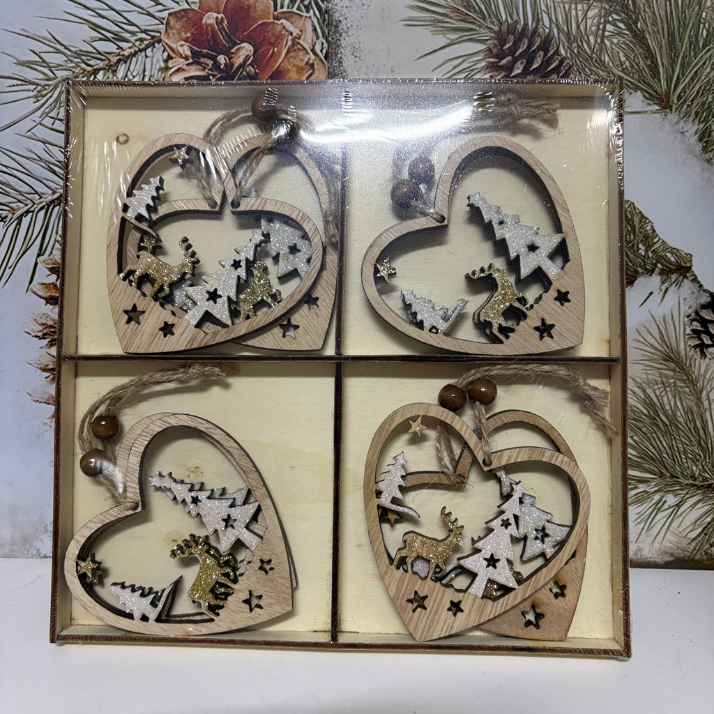 Pack of 8 Glitter Heart Wooden Christmas Tree Decoration Hangers