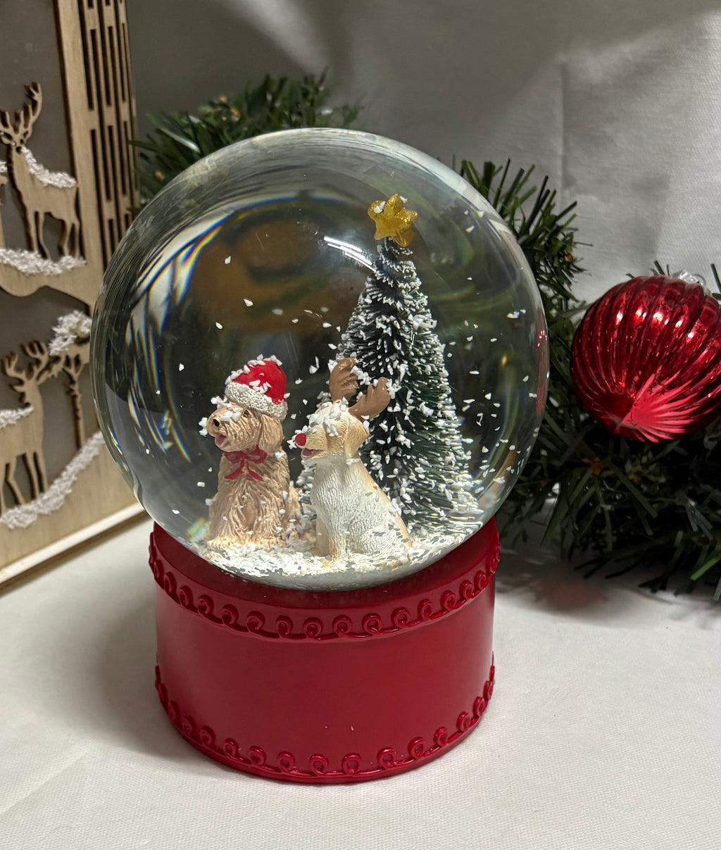 Beautiful Medium Sized Dogs & Tree Snow Globe with Red Base